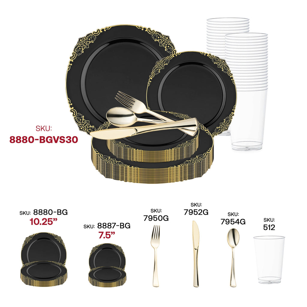 Black with Gold Fancy Round Disposable Plastic Wedding Value Set