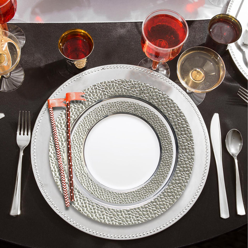 White with Silver Hammered Rim Round Plastic Wedding Value Set
