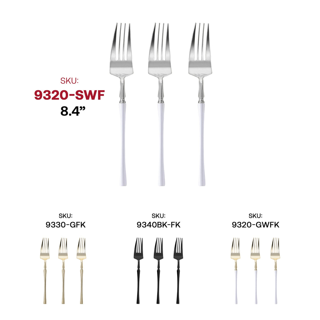 Silver with White Handle Moderno Disposable Plastic Dinner Forks