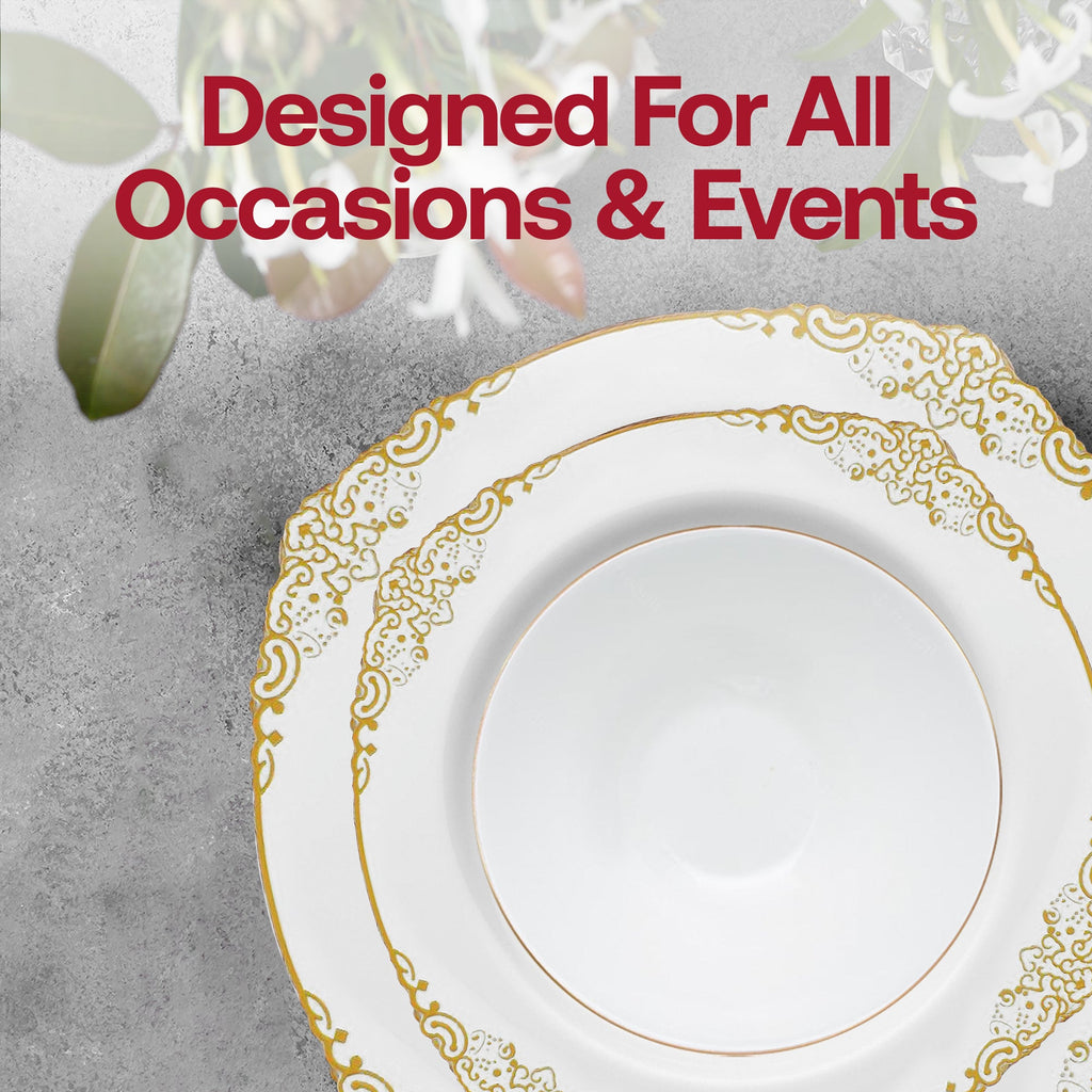 White with Gold Fancy Round Disposable Plastic Tableware Set