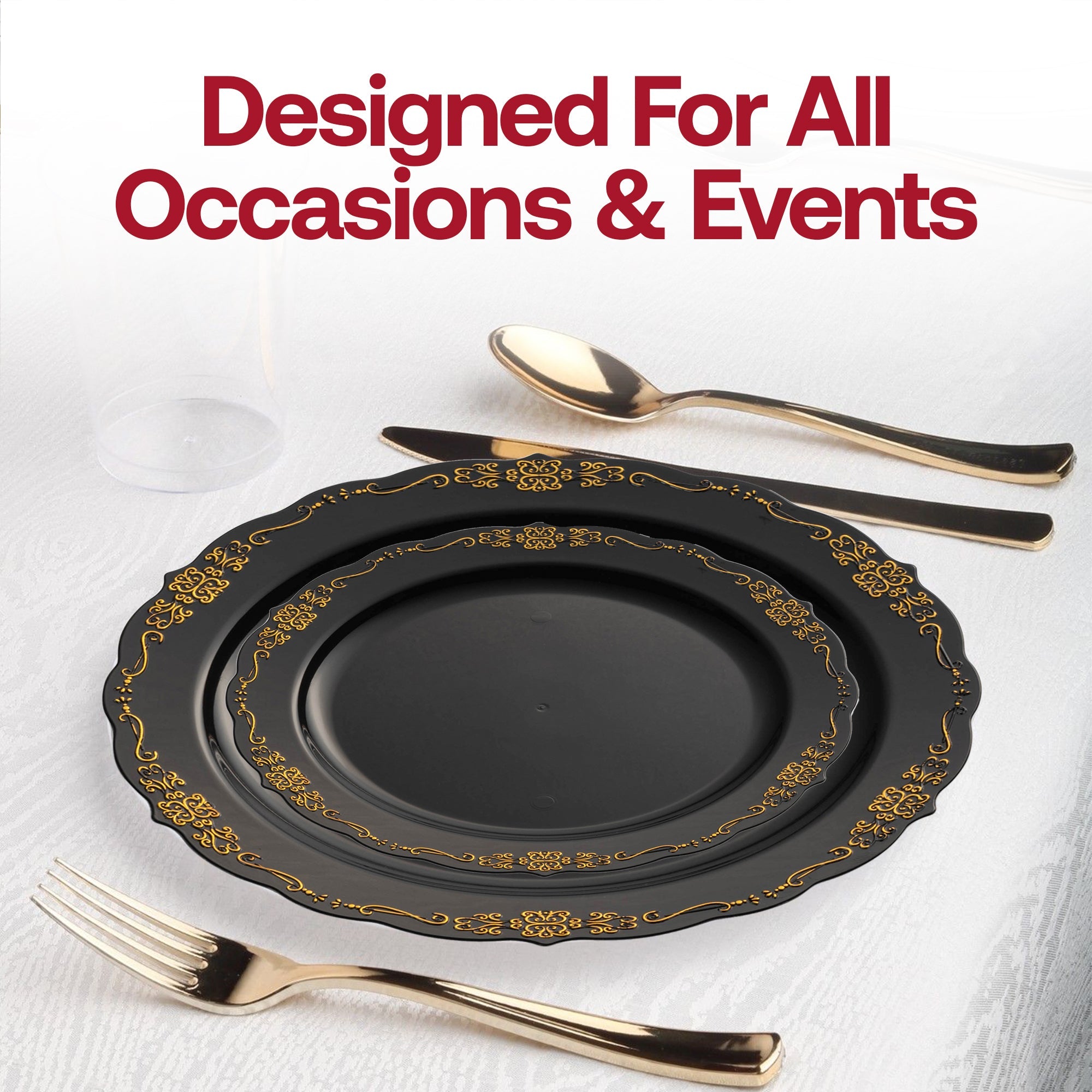 Black with Gold Vintage Rim Round Disposable Plastic Wedding Value Set