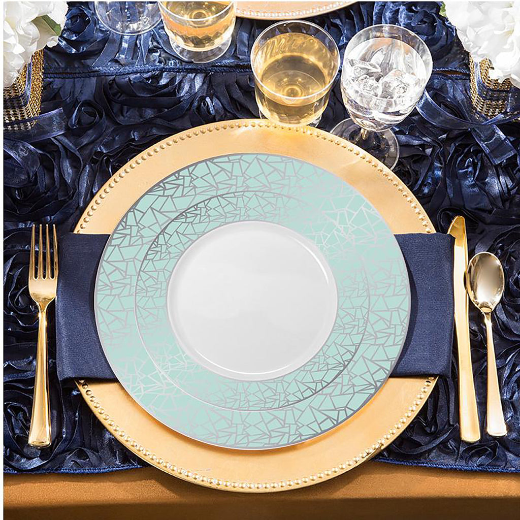 White with Turquoise Blue and Silver Mosaic Rim Round Plastic Dinner Plates (10.25")
