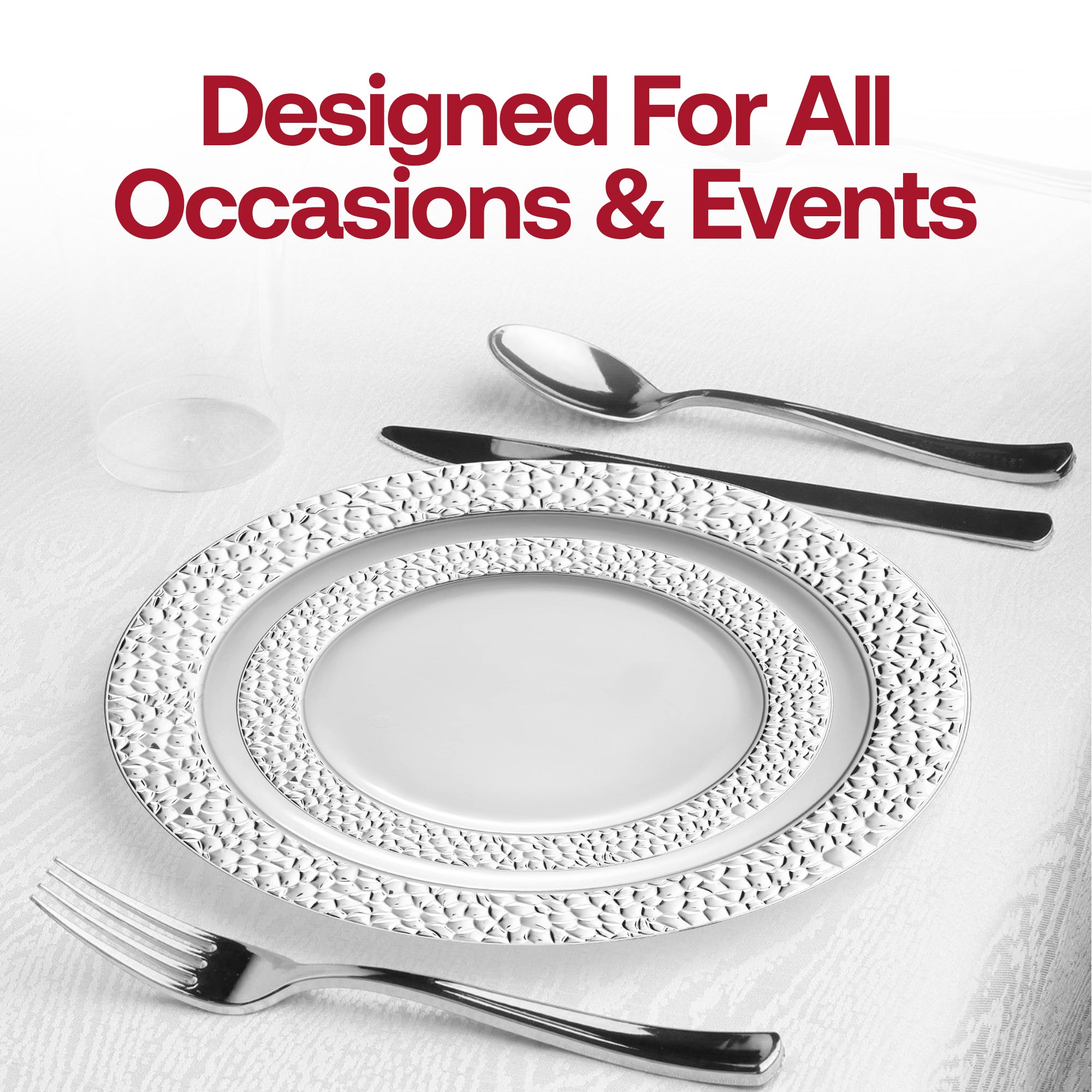 White with Silver Hammered Rim Round Plastic Dinner Plates (10.25")