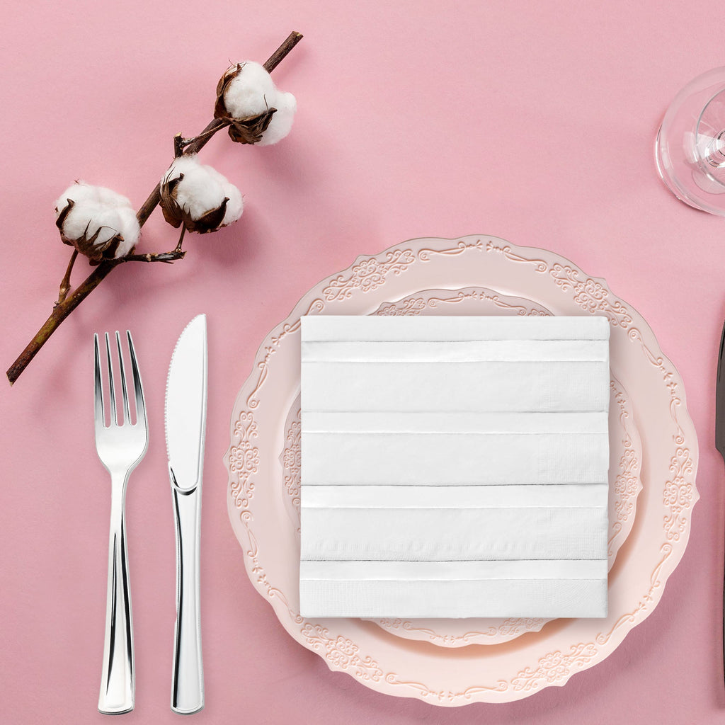 White with Silver Stripes Paper Beverage/Cocktail Napkins