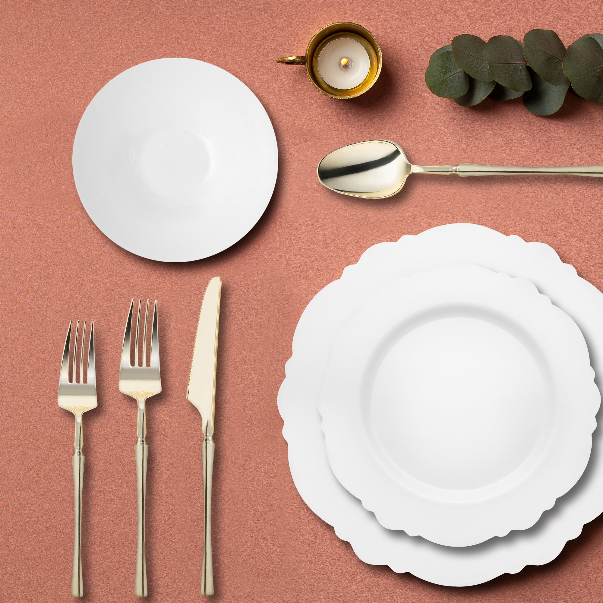 White Blossom Rim Disposable Plastic Tableware Set