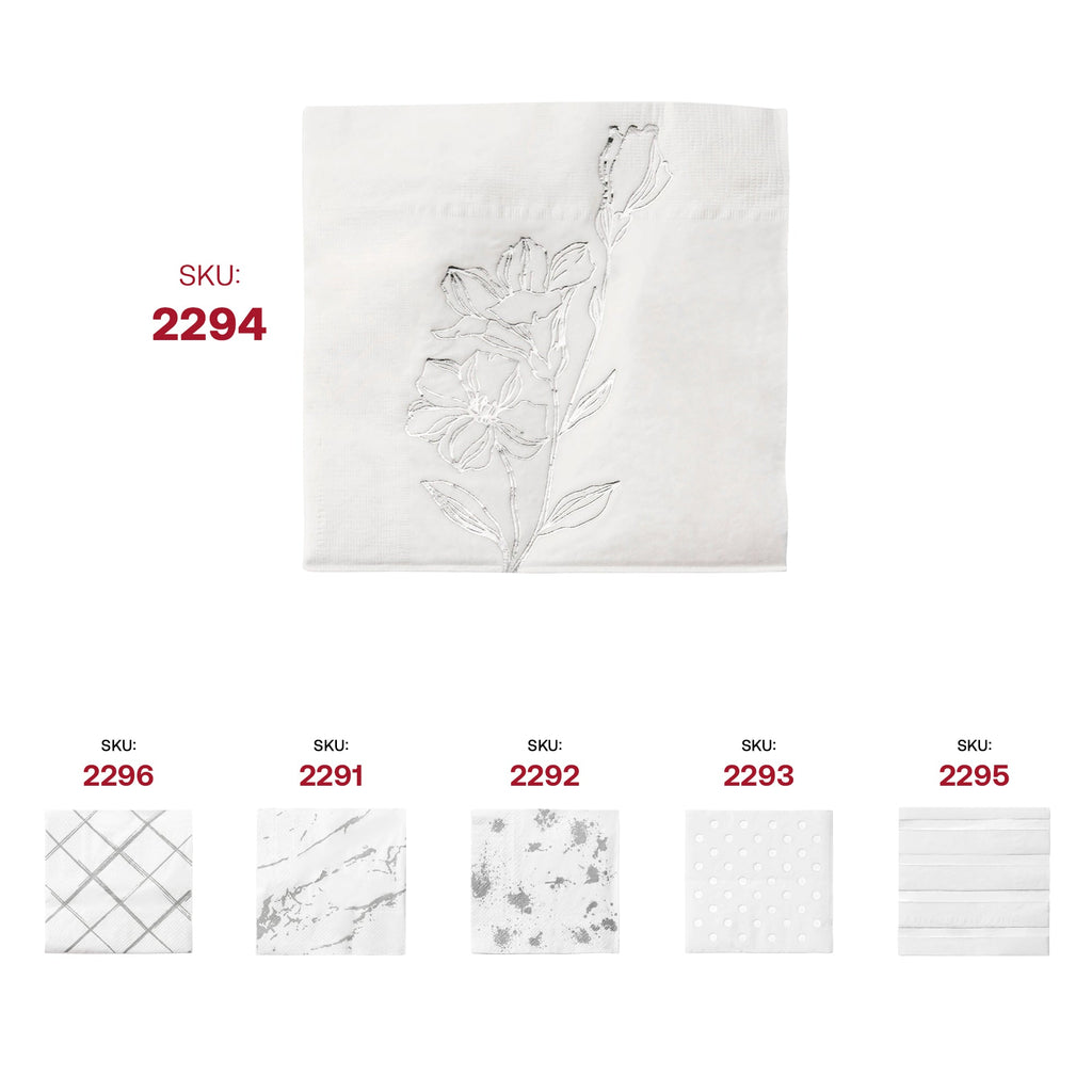 White with Silver Antique Floral Paper Beverage/Cocktail Napkins