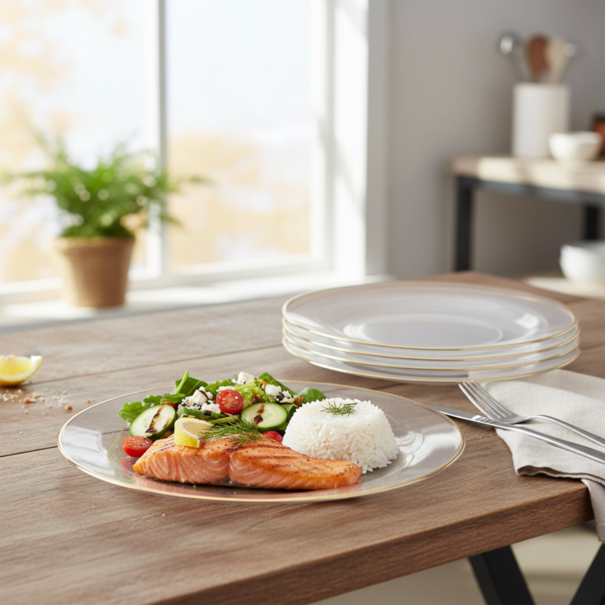 Clear with Gold Rim Organic Round Plastic Dinner Plates (10.25")