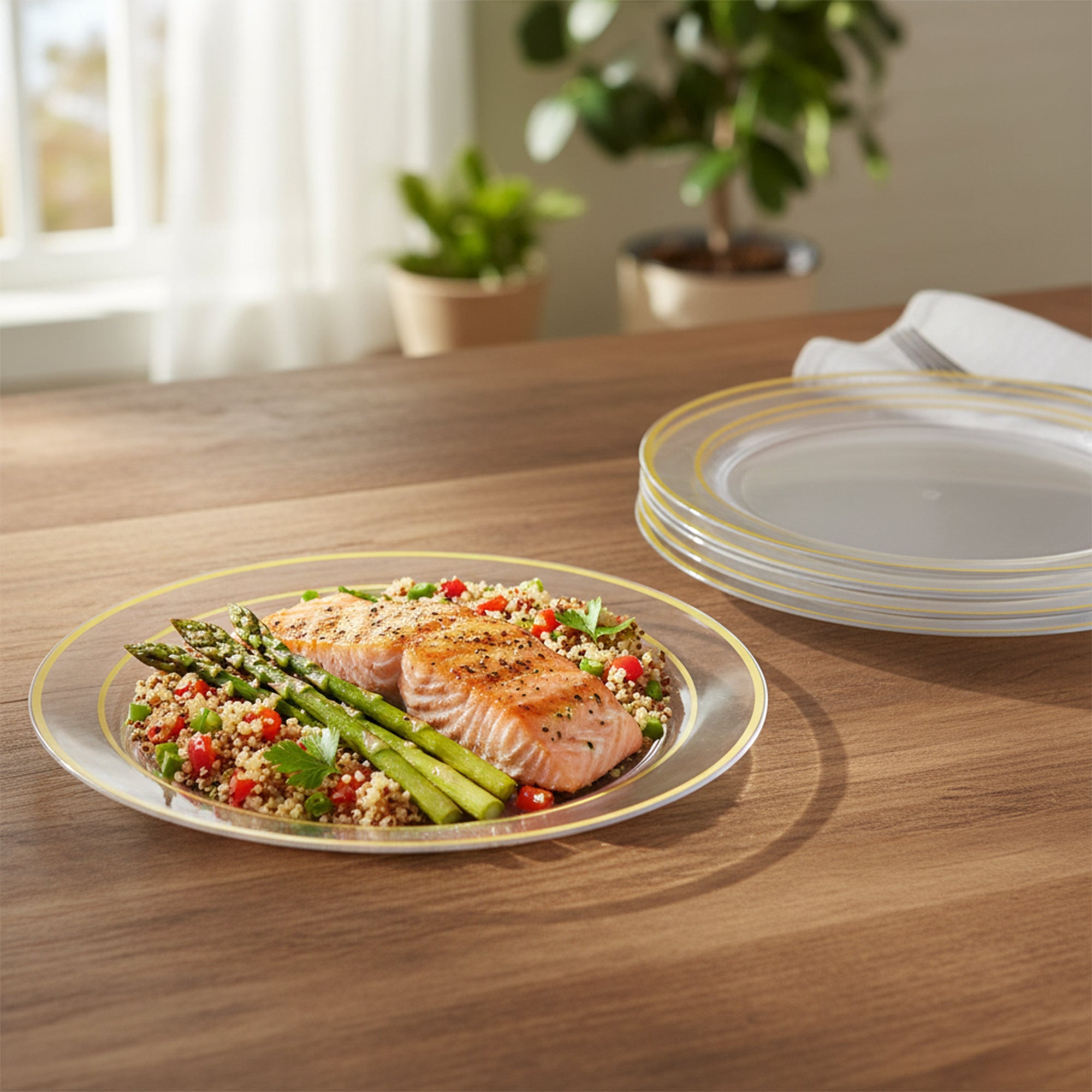 Clear with Gold Edge Rim Plastic Dinner Plates (10.25")