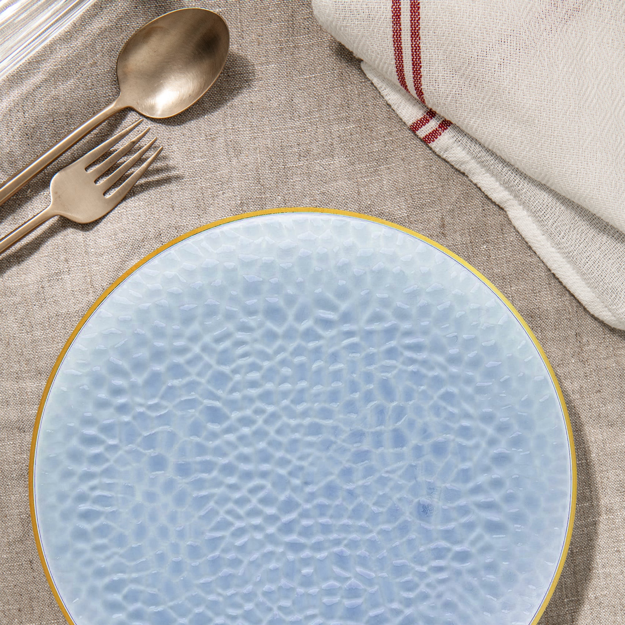 Clear Blue with Gold Rim Hammered Glass Disposable Plastic Dinner Plates (10.25")