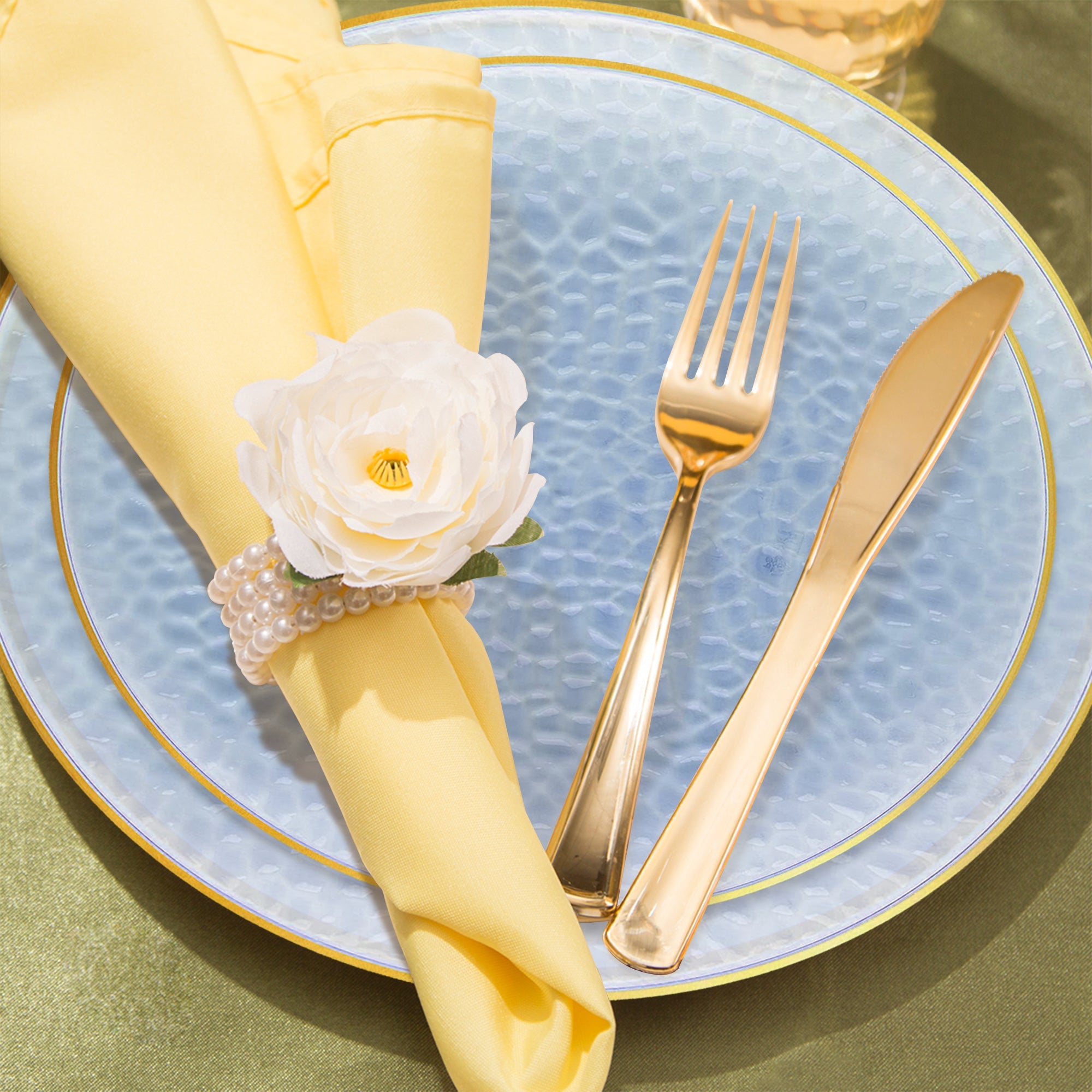 Clear Blue with Gold Rim Hammered Glass Disposable Plastic Wedding Value Set