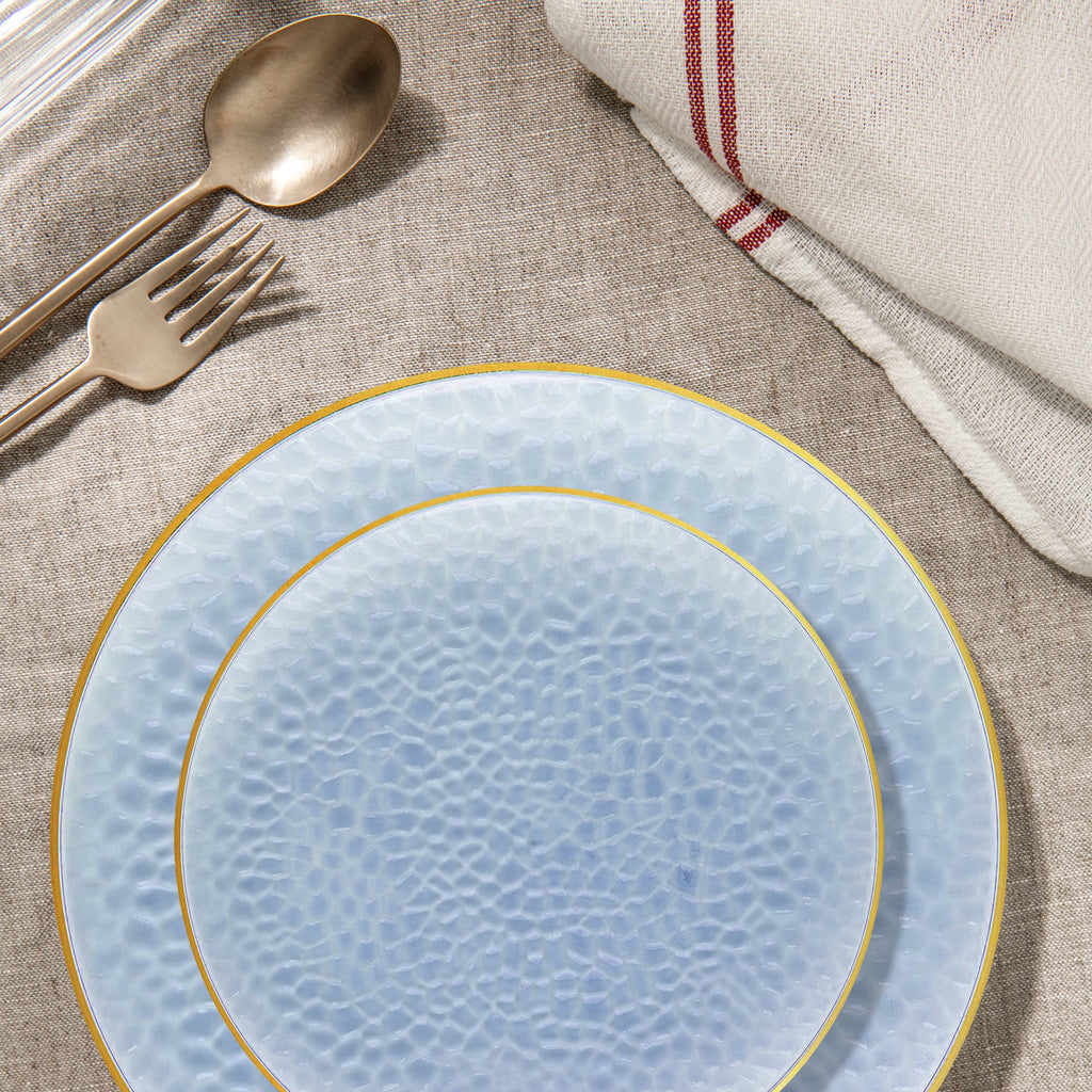Clear Blue with Gold Rim Hammered Glass Disposable Plastic Dinnerware Value Set