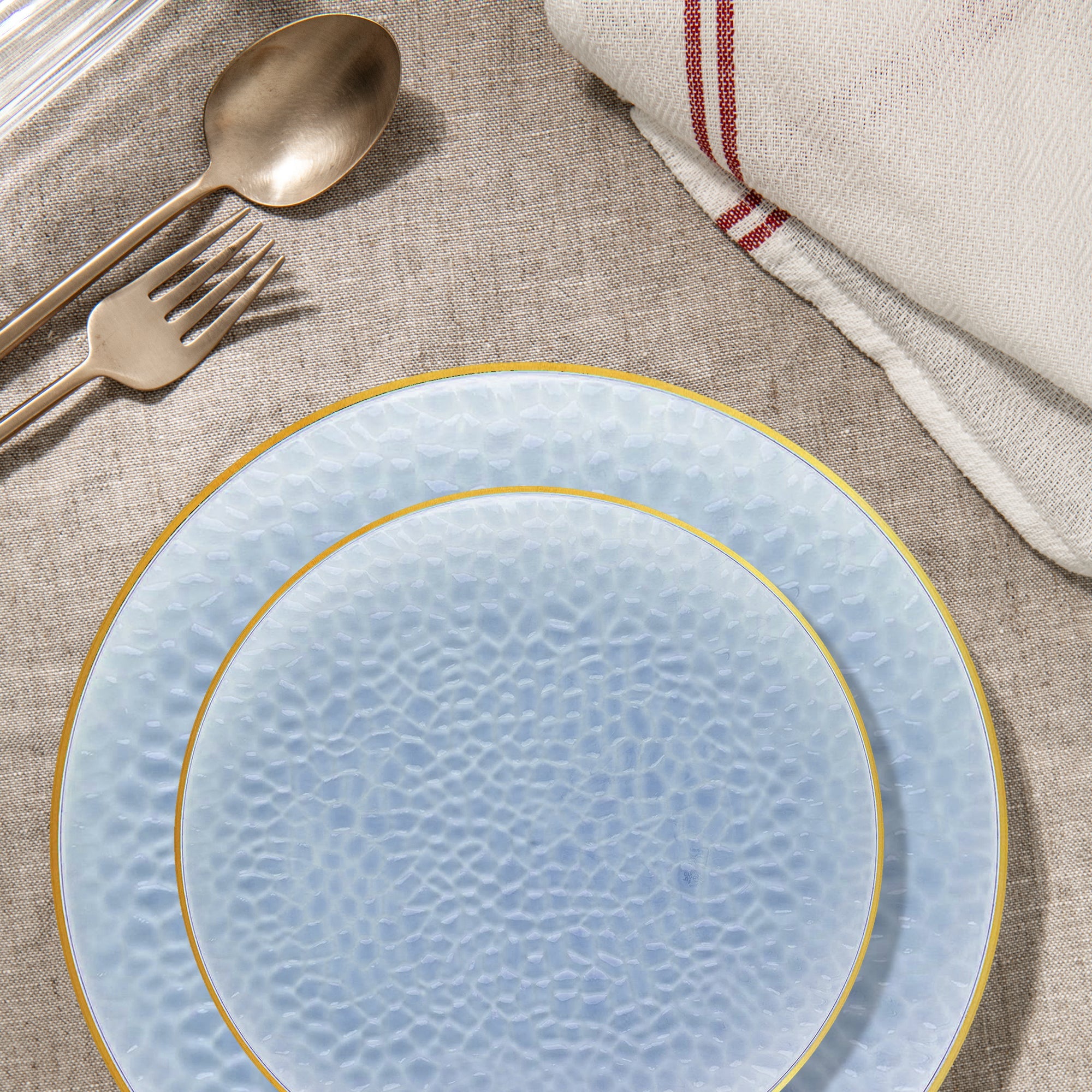 Clear Blue with Gold Rim Hammered Glass Disposable Plastic Dinnerware Value Set