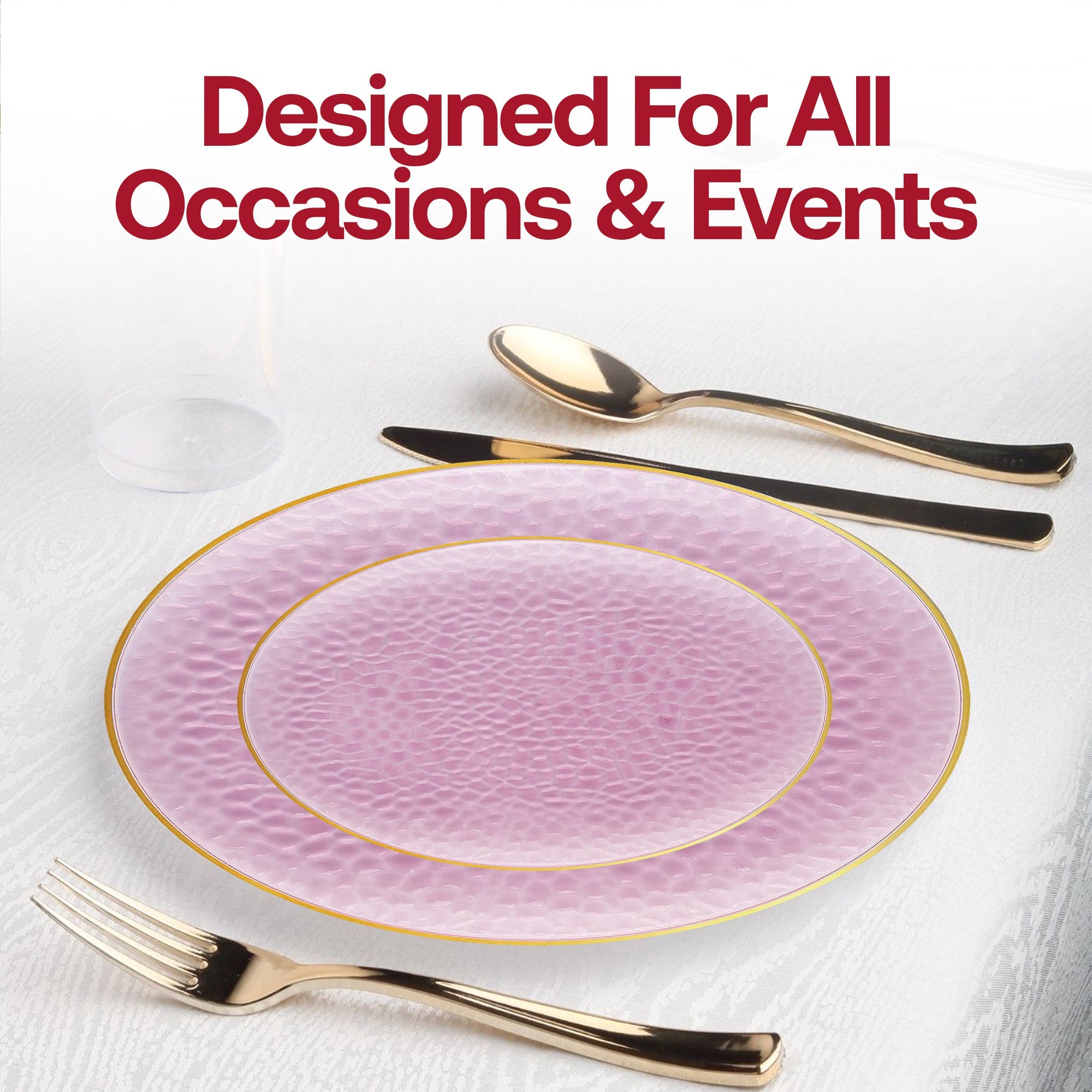Clear Pink with Gold Rim Hammered Glass Disposable Plastic Dinnerware Value Set