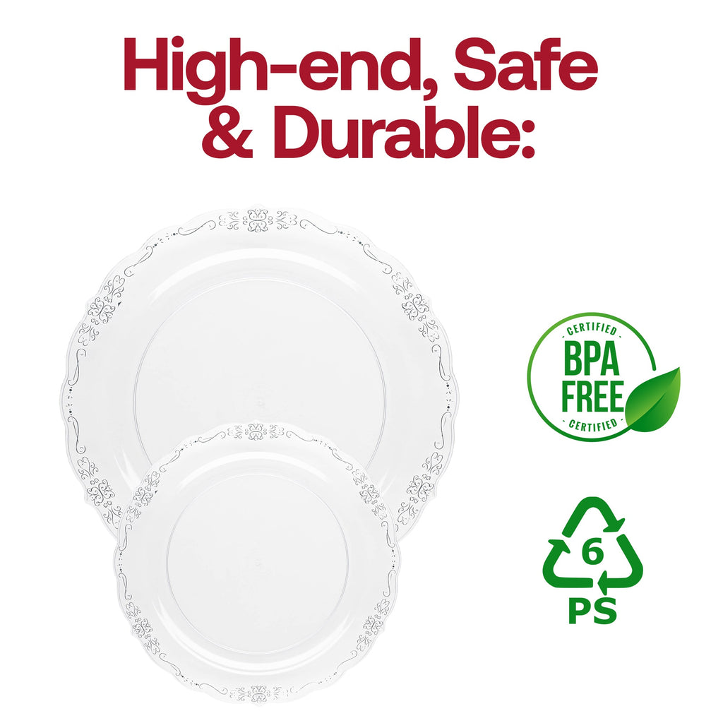 Clear with Silver Vintage Rim Round Disposable Plastic Dinner Plates (10")