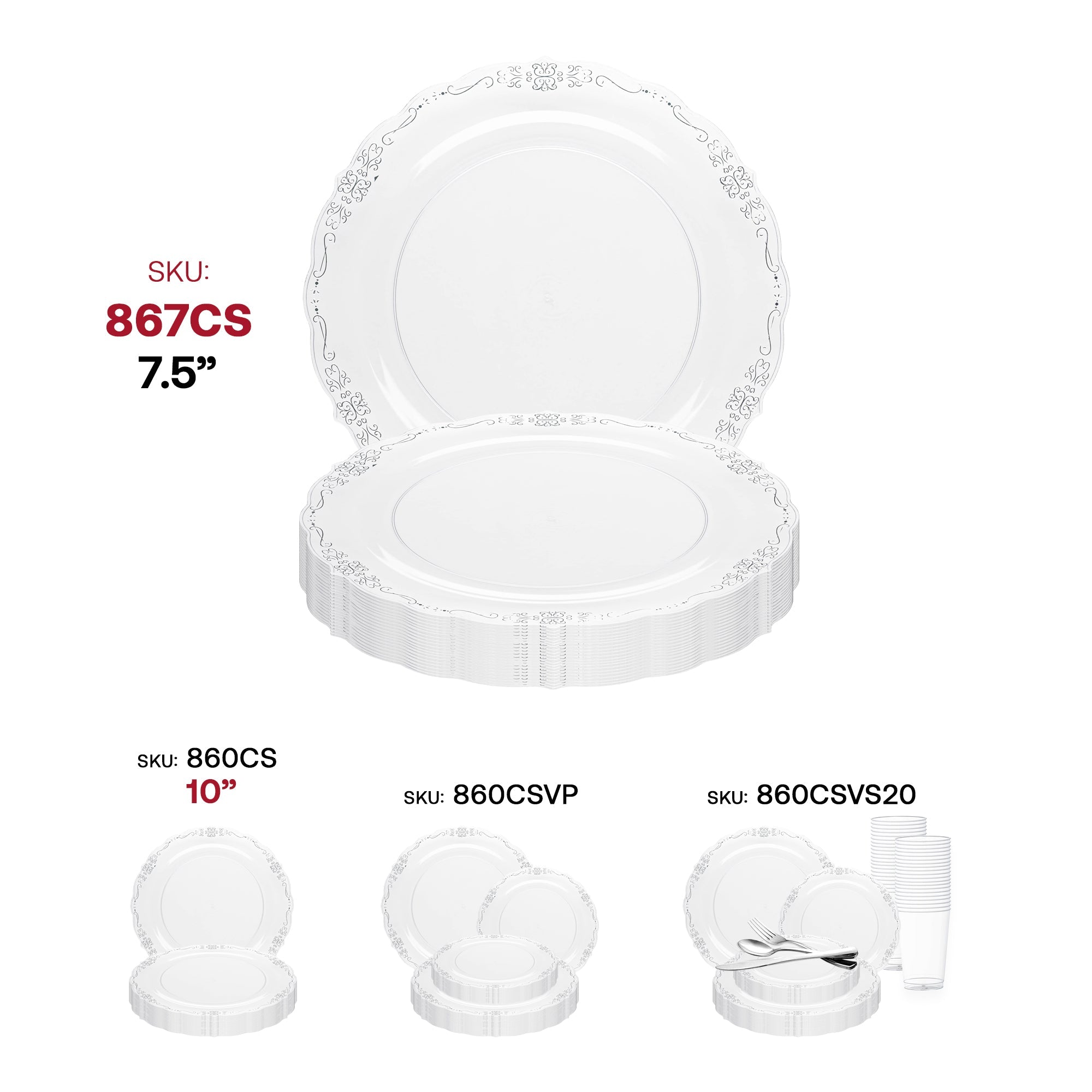 Clear with Silver Vintage Rim Round Disposable Plastic Appetizer/Salad Plates (7.5")