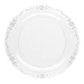 Clear with Silver Vintage Rim Round Disposable Plastic Dinner Plates (10")