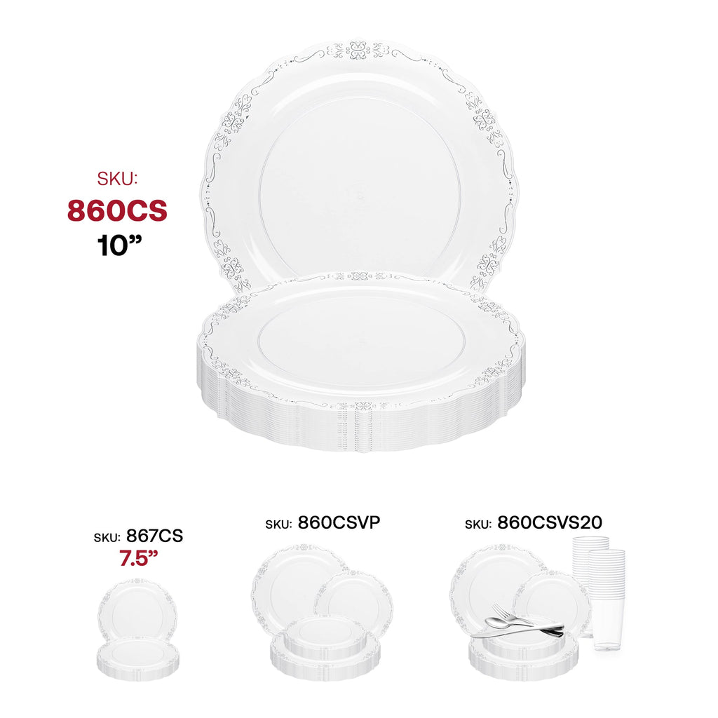 Clear with Silver Vintage Rim Round Disposable Plastic Dinner Plates (10")