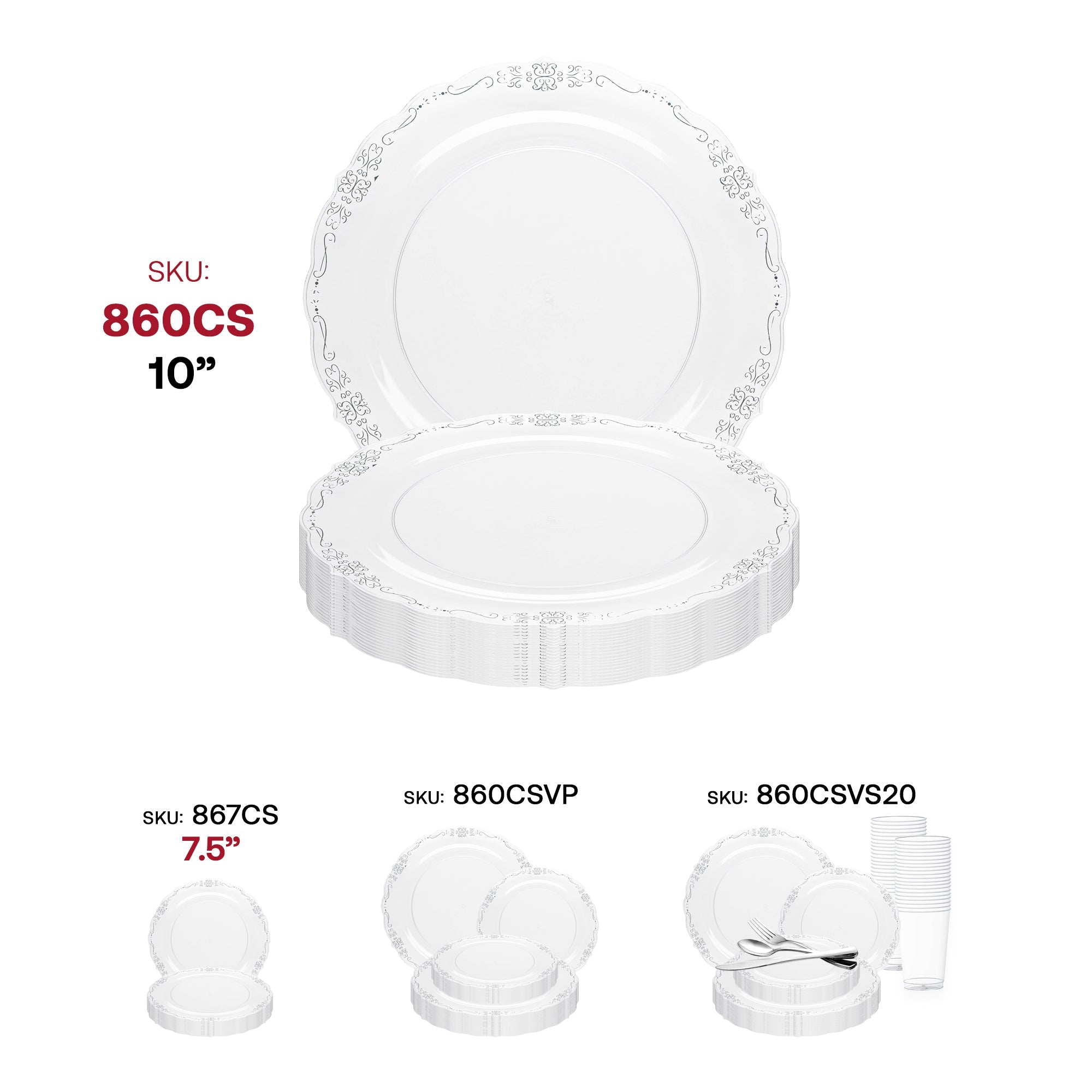 Clear with Silver Vintage Rim Round Disposable Plastic Dinner Plates (10")