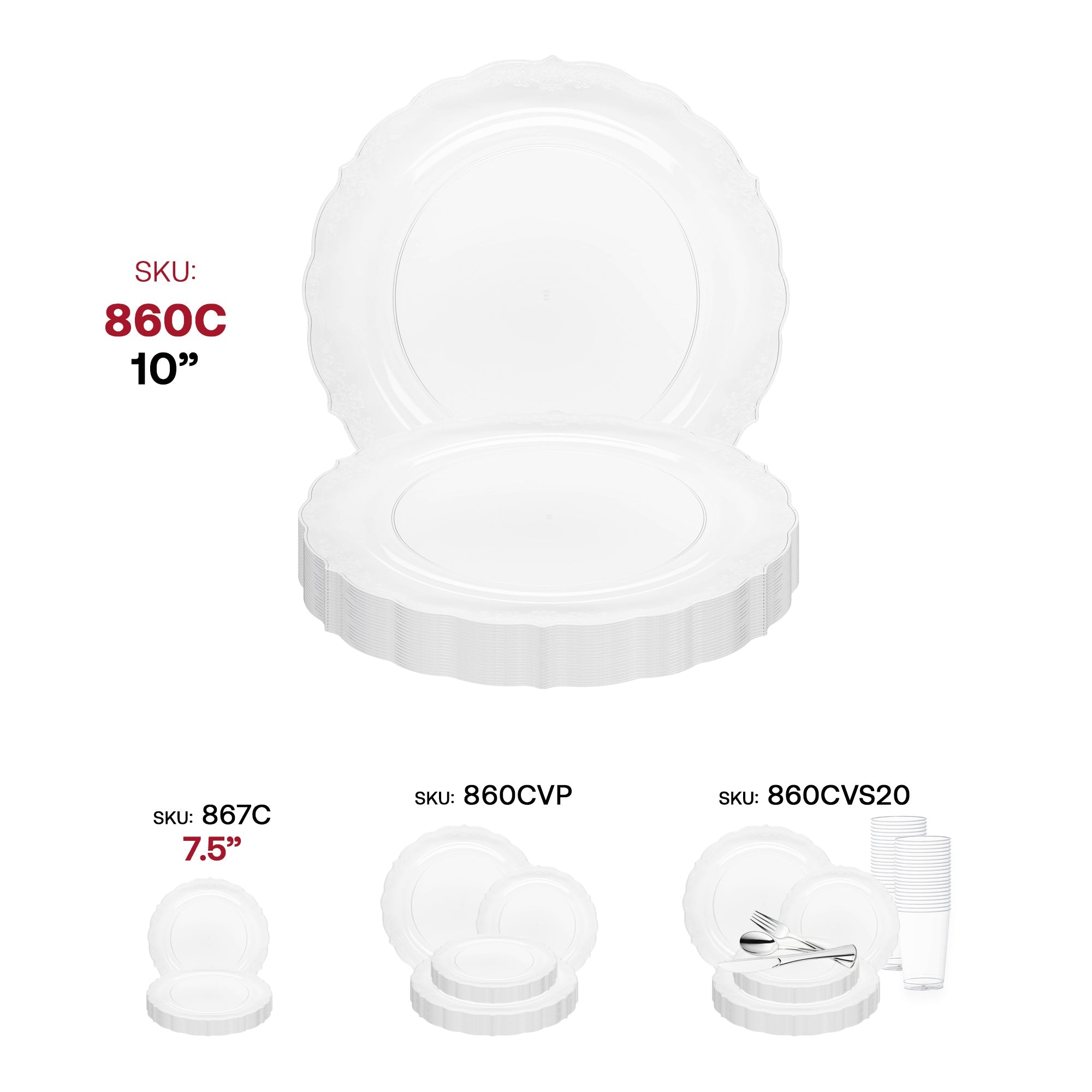 Clear Vintage Round Disposable Plastic Dinner Plates (10")