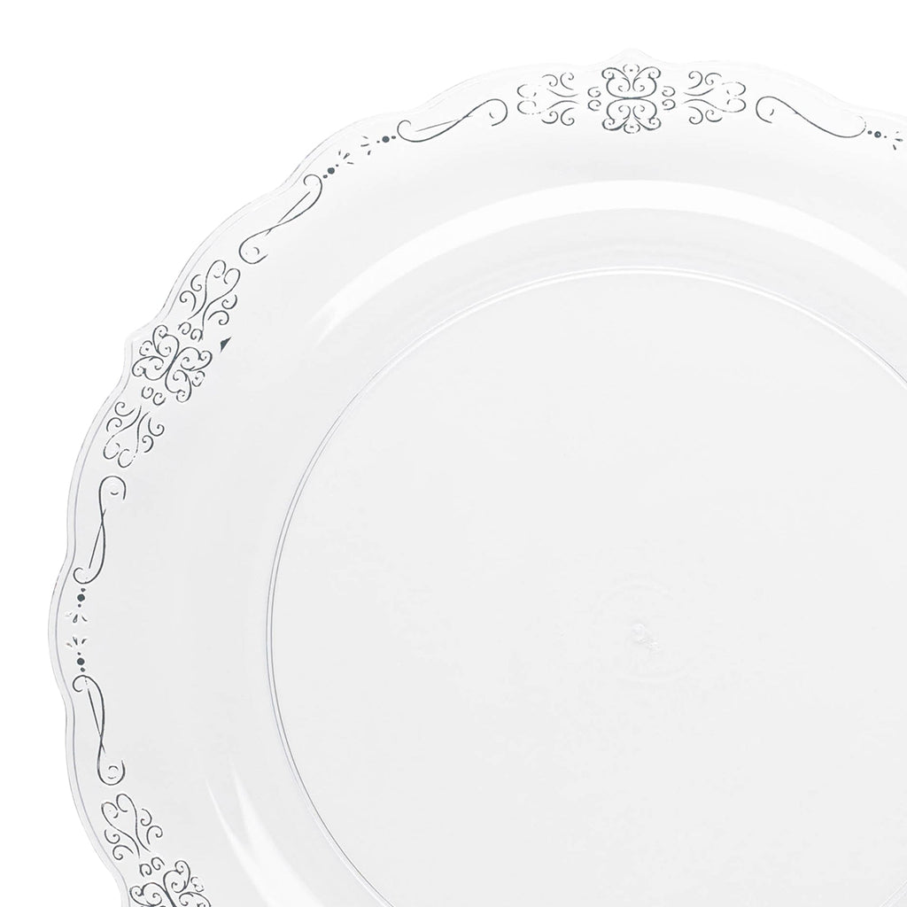 Clear with Silver Vintage Rim Round Disposable Plastic Appetizer/Salad Plates (7.5")