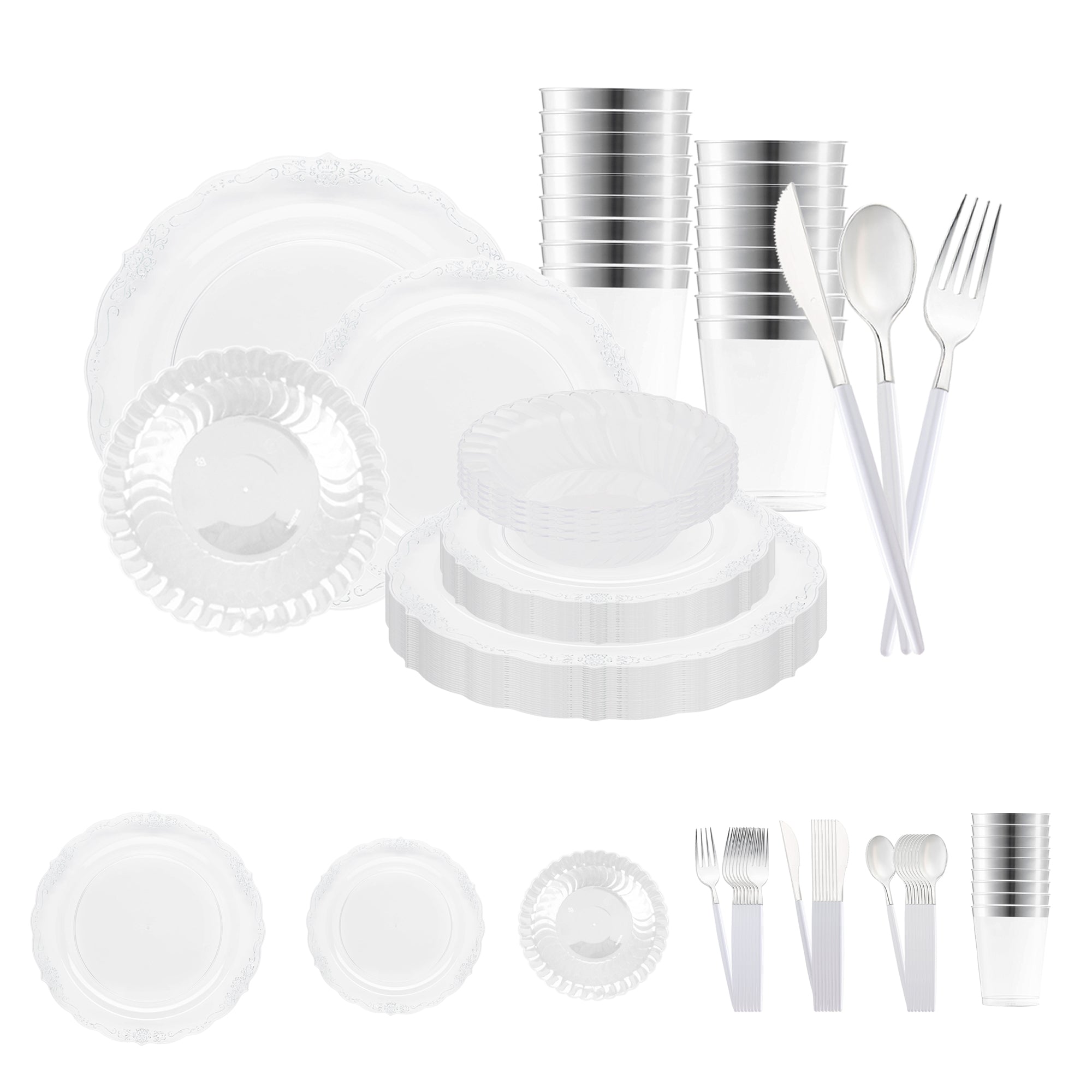 Clear with Silver Vintage Disposable Plastic Tableware Set