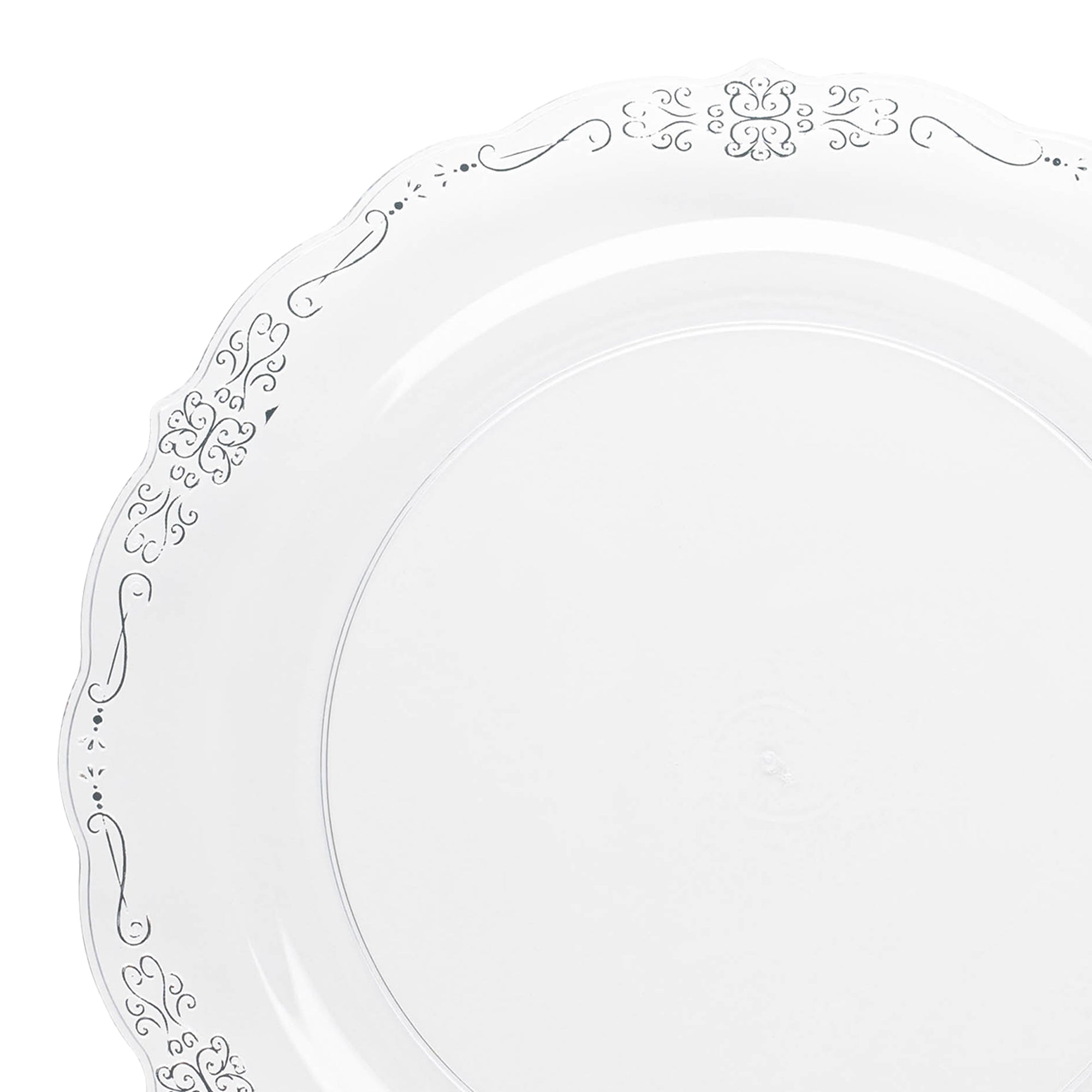 Clear with Silver Vintage Rim Round Disposable Plastic Dinner Plates (10")