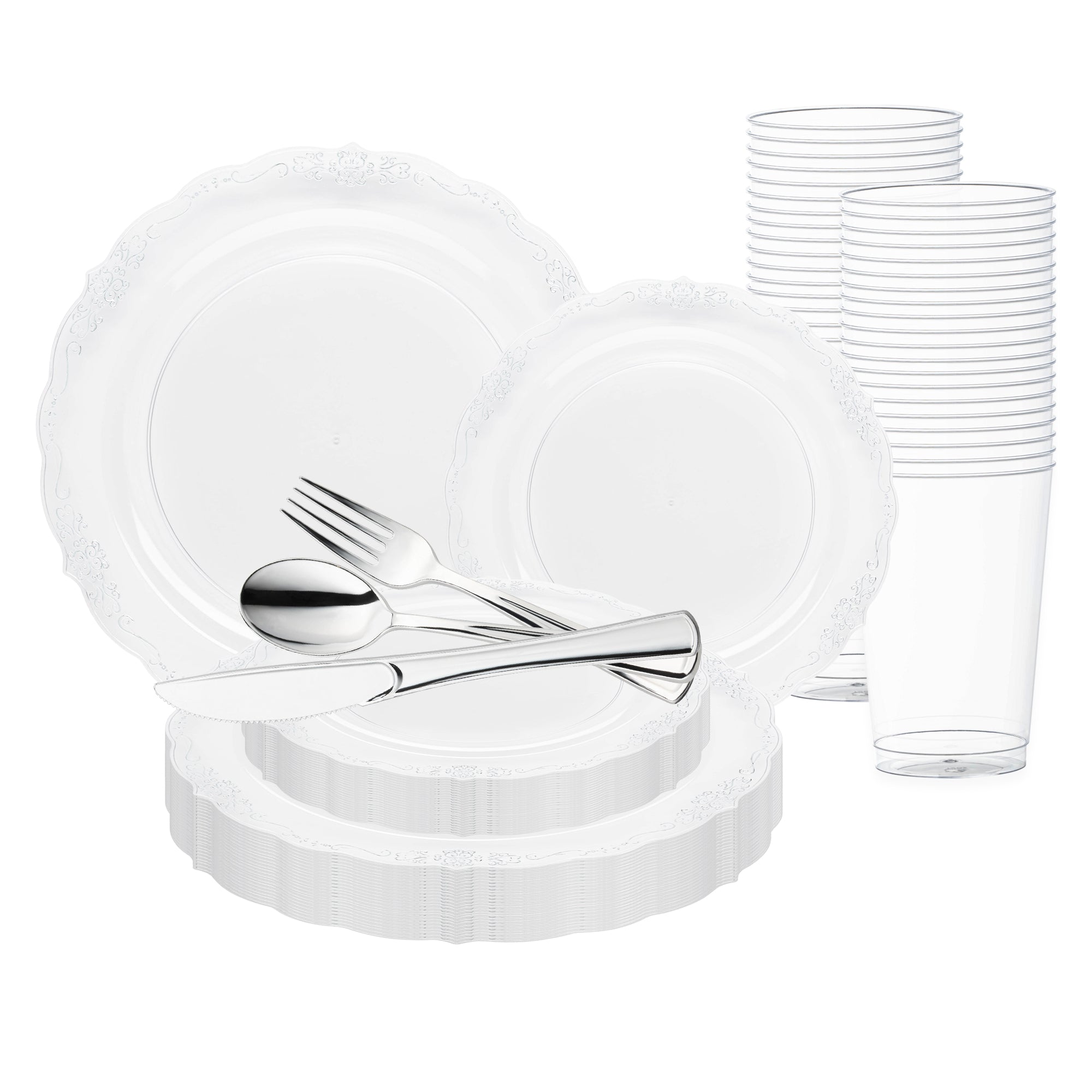 Clear with Silver Vintage Rim Round Disposable Plastic Wedding Value Set