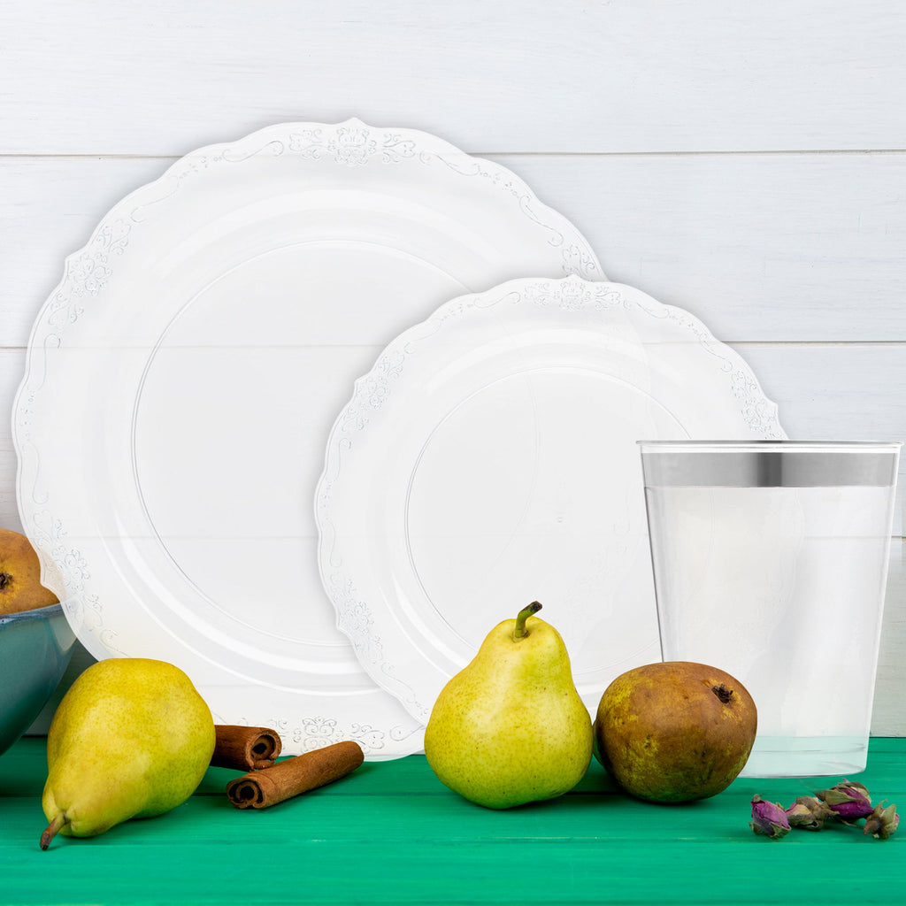 Clear with Silver Vintage Disposable Plastic Tableware Set