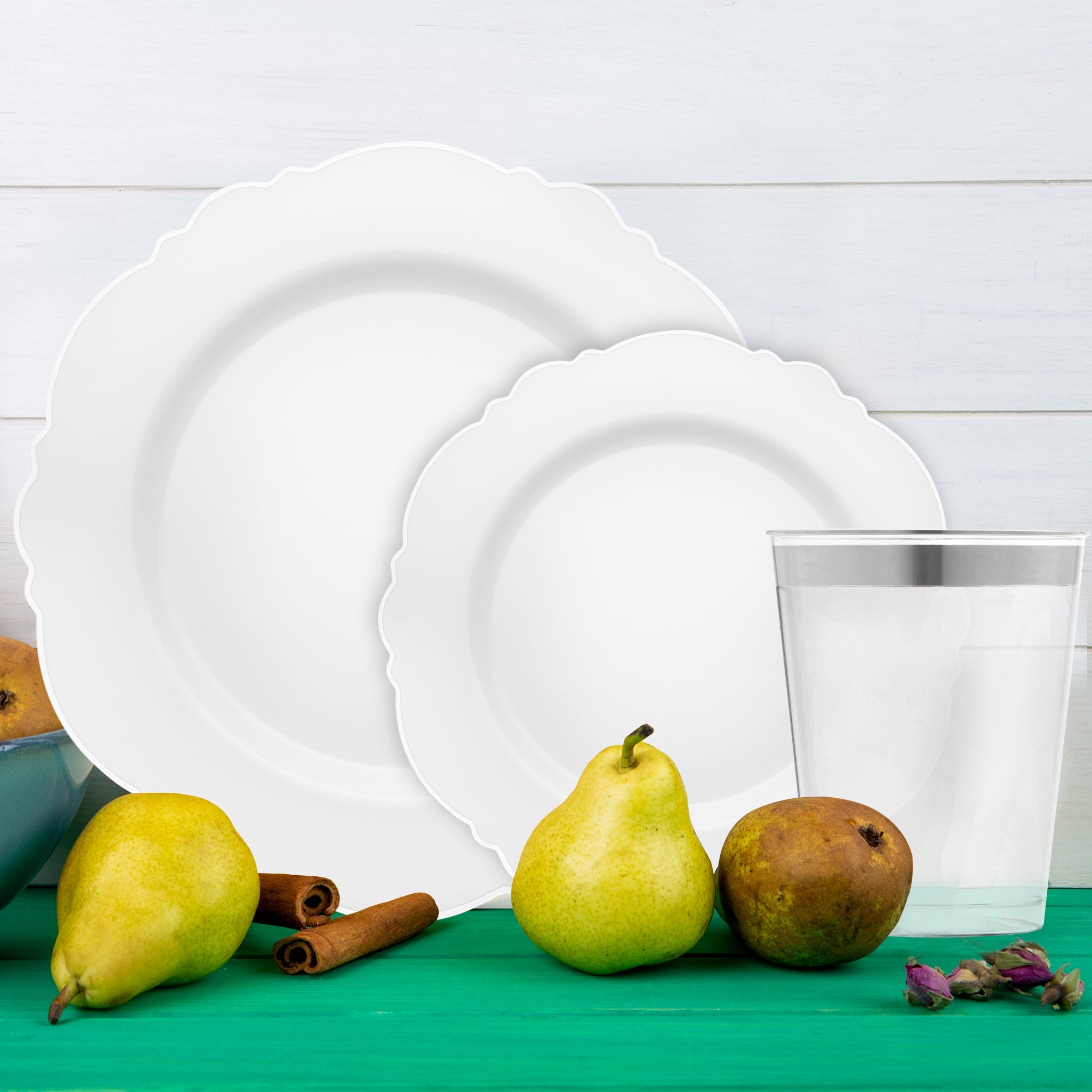 White with Silver Blossom Rim Disposable Plastic Tableware Set