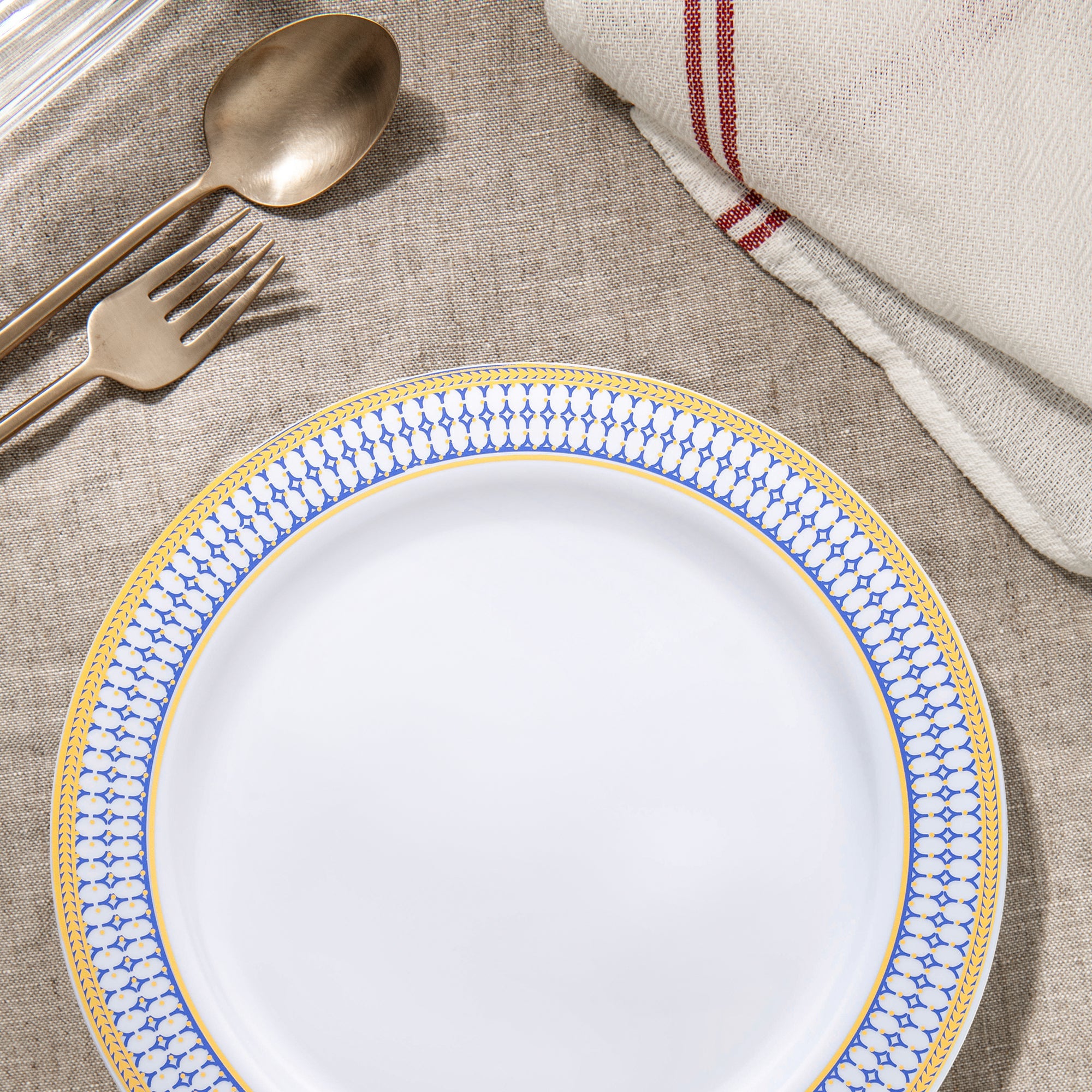 White with Blue and Gold Chord Rim Plastic Dinner Plates (10.25")