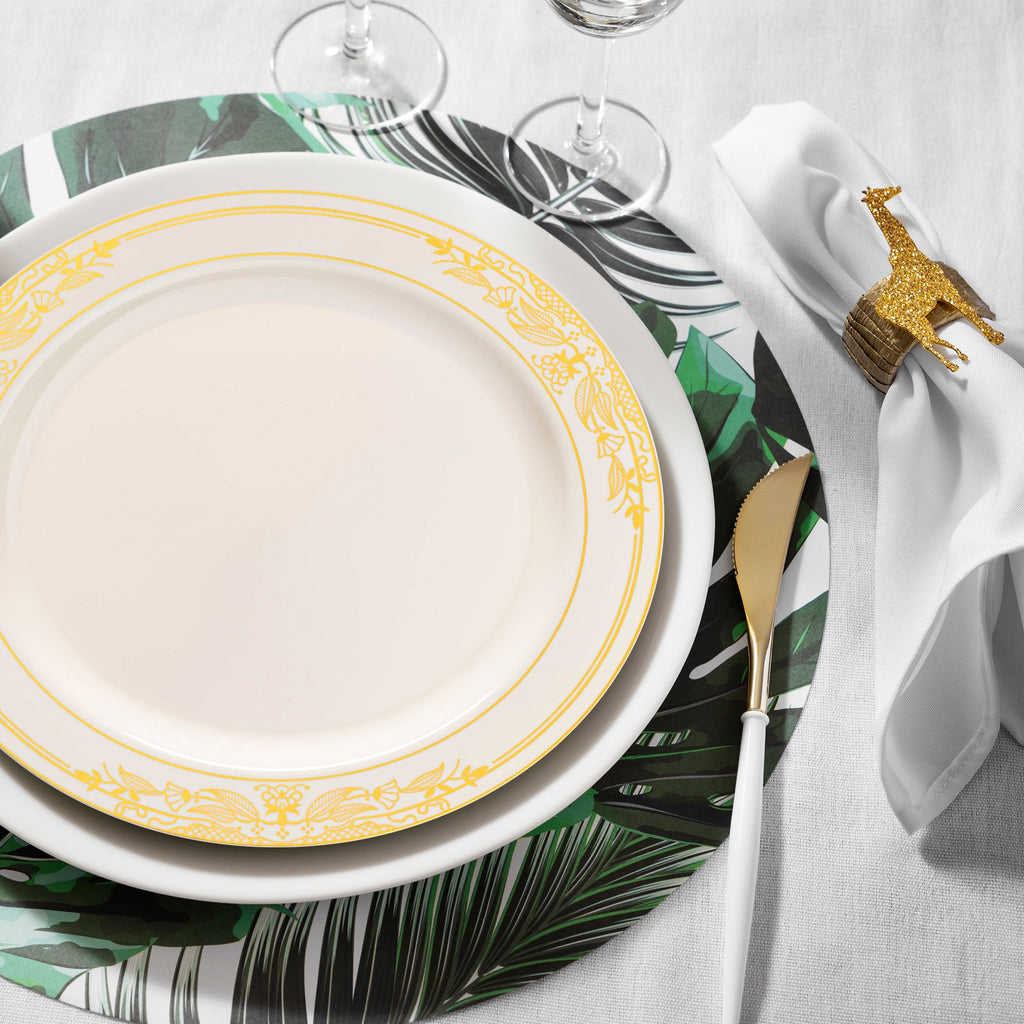 Ivory with Gold Harmony Rim Plastic Dinner Plates (10.25")