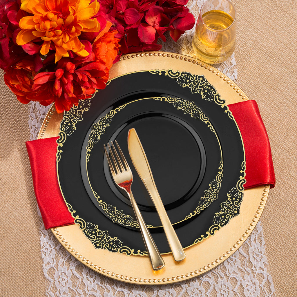 Black with Gold Fancy Round Disposable Plastic Wedding Value Set