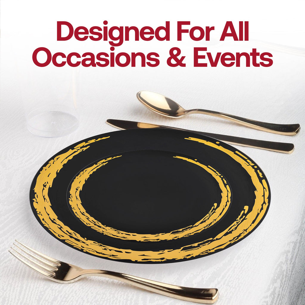 Black with Gold Moonlight Round Disposable Plastic Dinnerware Value Set