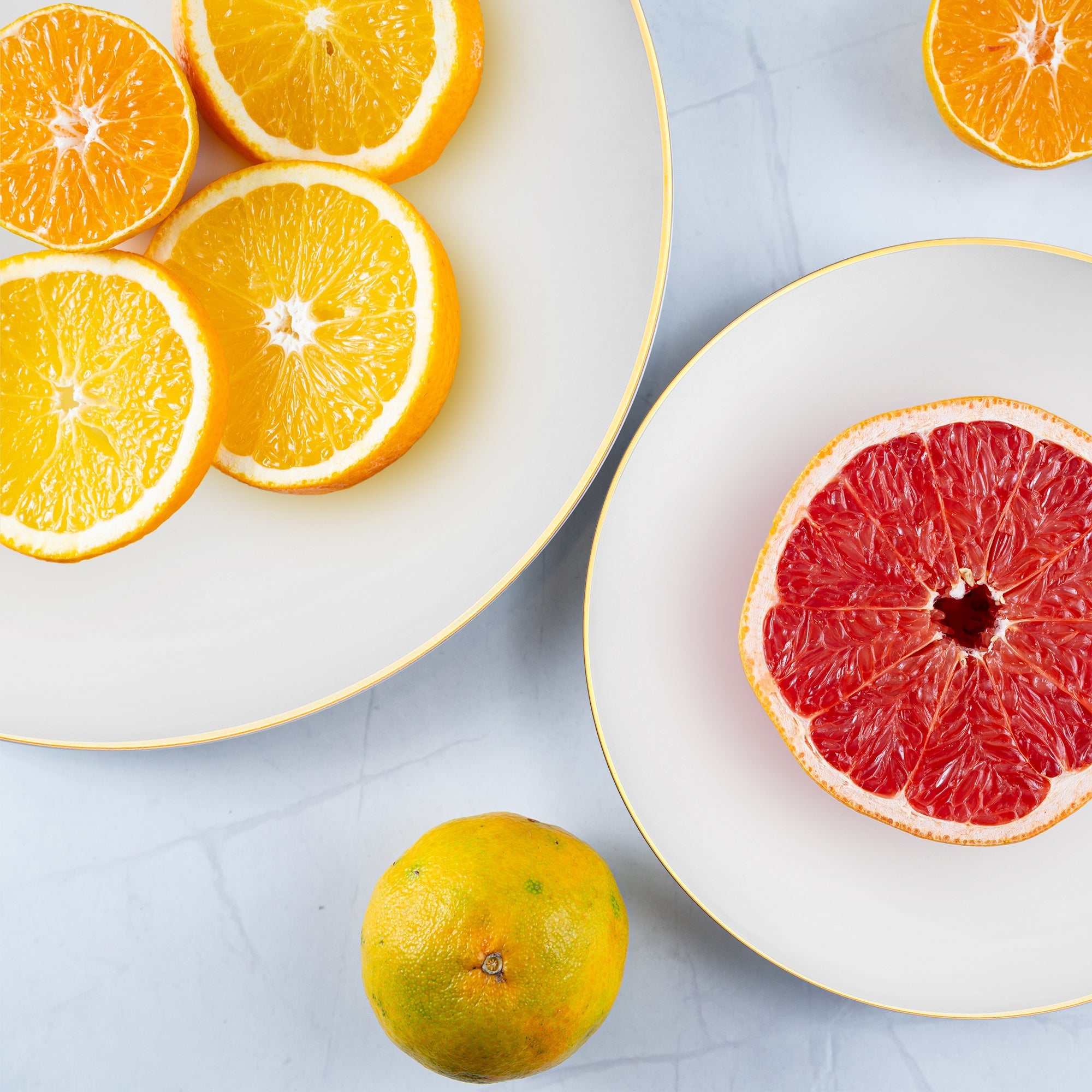 White Plastic Plates with Gold Rim - Organic Round Disposable Plastic Dinnerware Value Set