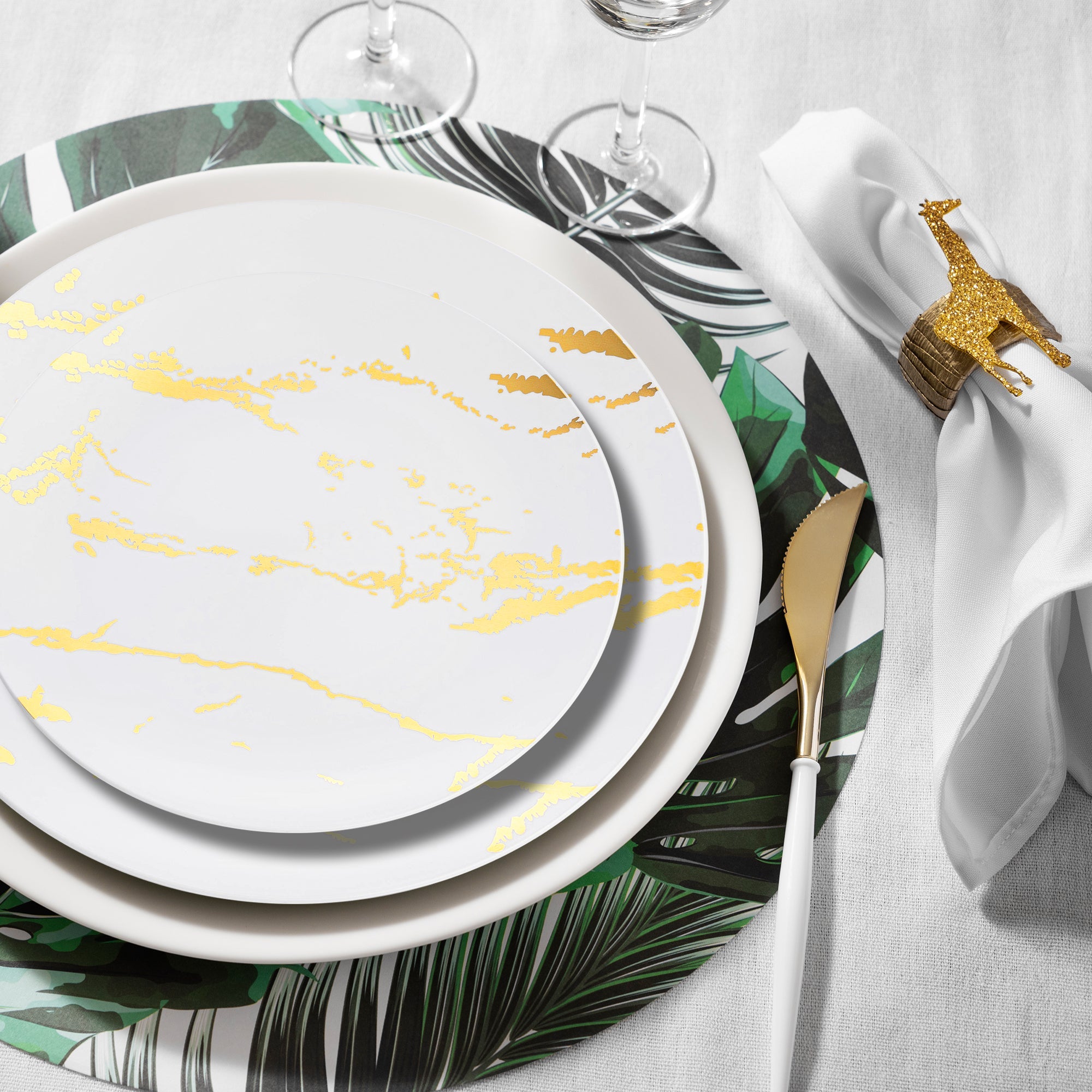 White with Gold Marble Stroke Round Disposable Plastic Dinnerware Value Set