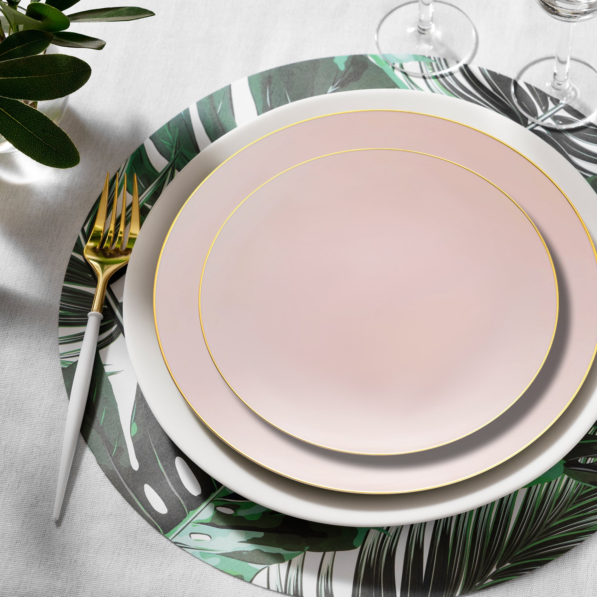 Pink with Gold Organic Round Disposable Plastic Dinnerware Value Set