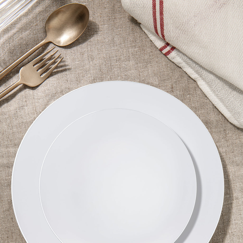 White with Silver Rim Organic Round Disposable Plastic Dinnerware Value Set