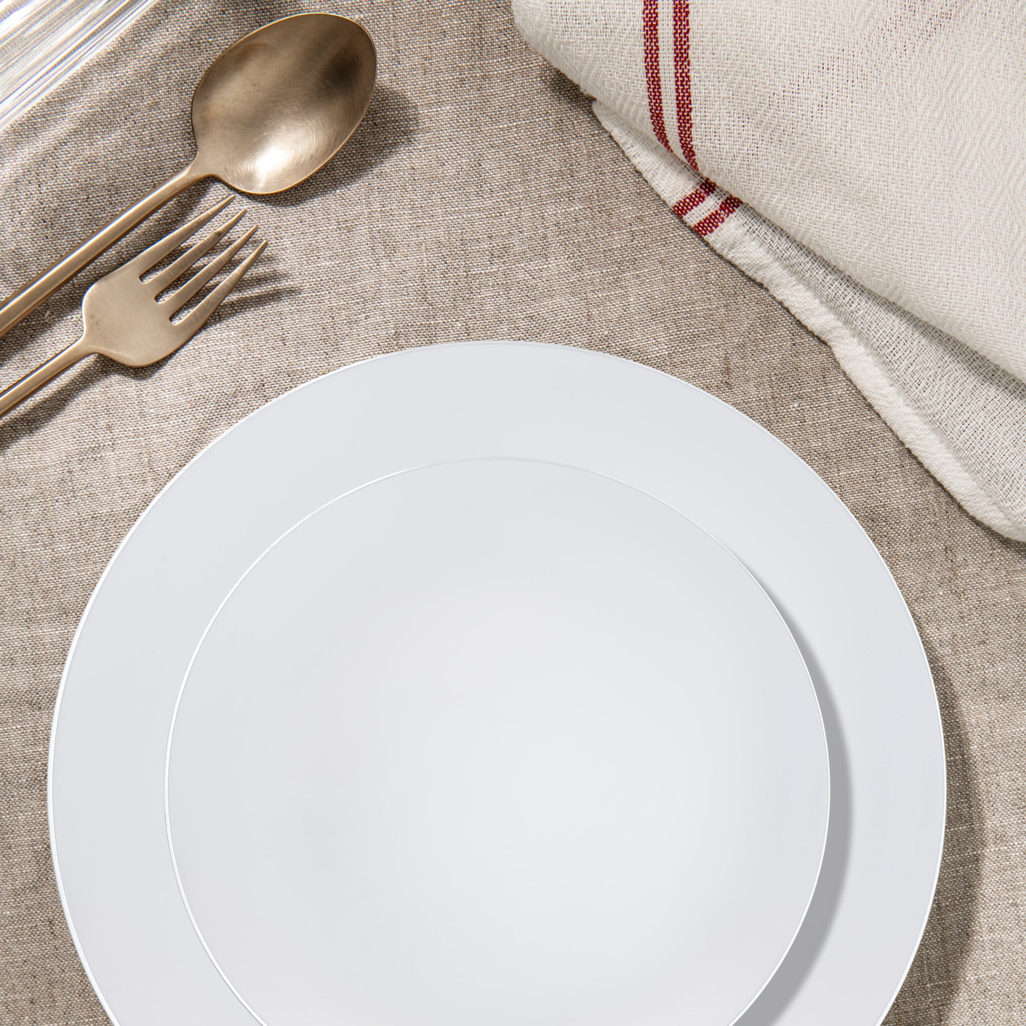 White with Silver Rim Organic Round Disposable Plastic Dinnerware Value Set
