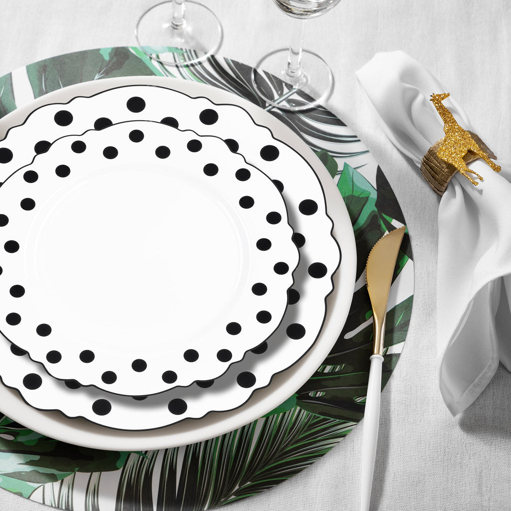 White with Black Dots Round Blossom Disposable Plastic Dinnerware Value Set