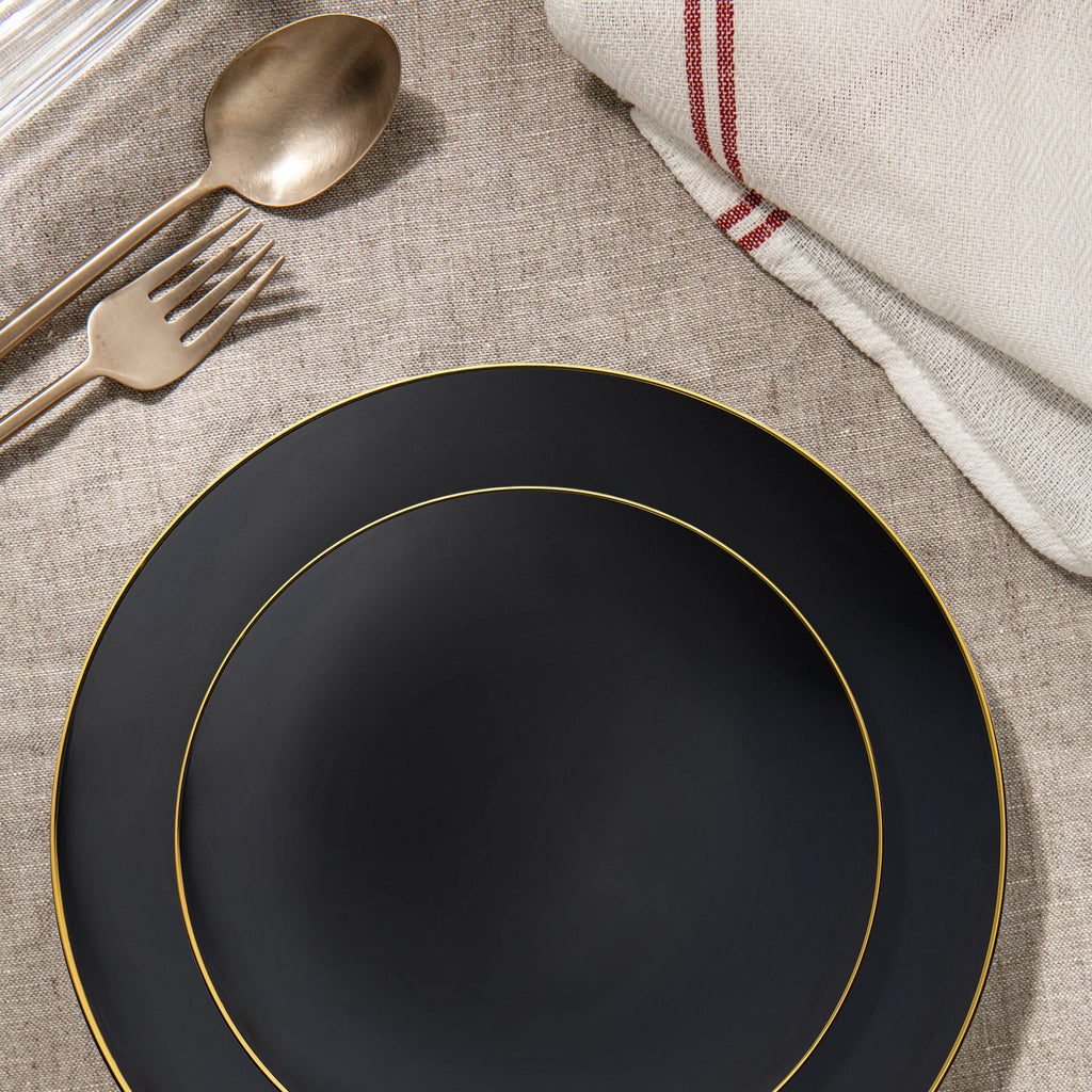 Black with Gold Rim Organic Round Disposable Plastic Dinnerware Value Set