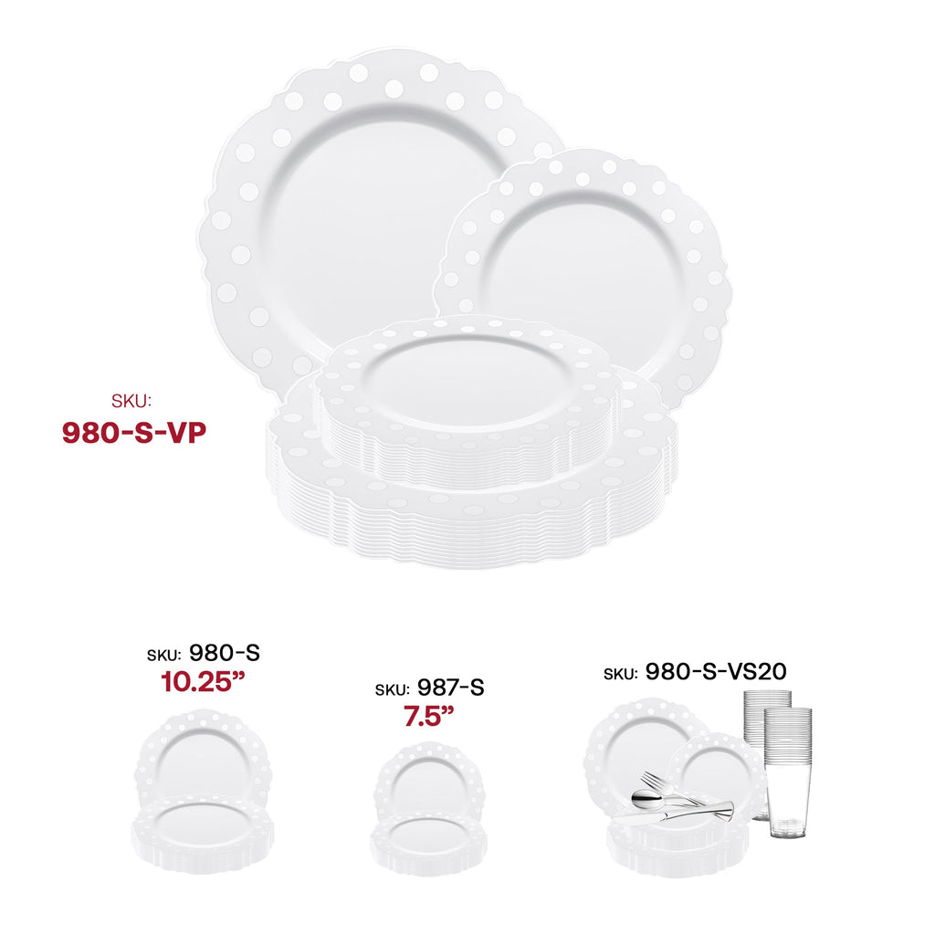 White with Silver Dots Round Blossom Disposable Plastic Dinnerware Value Set