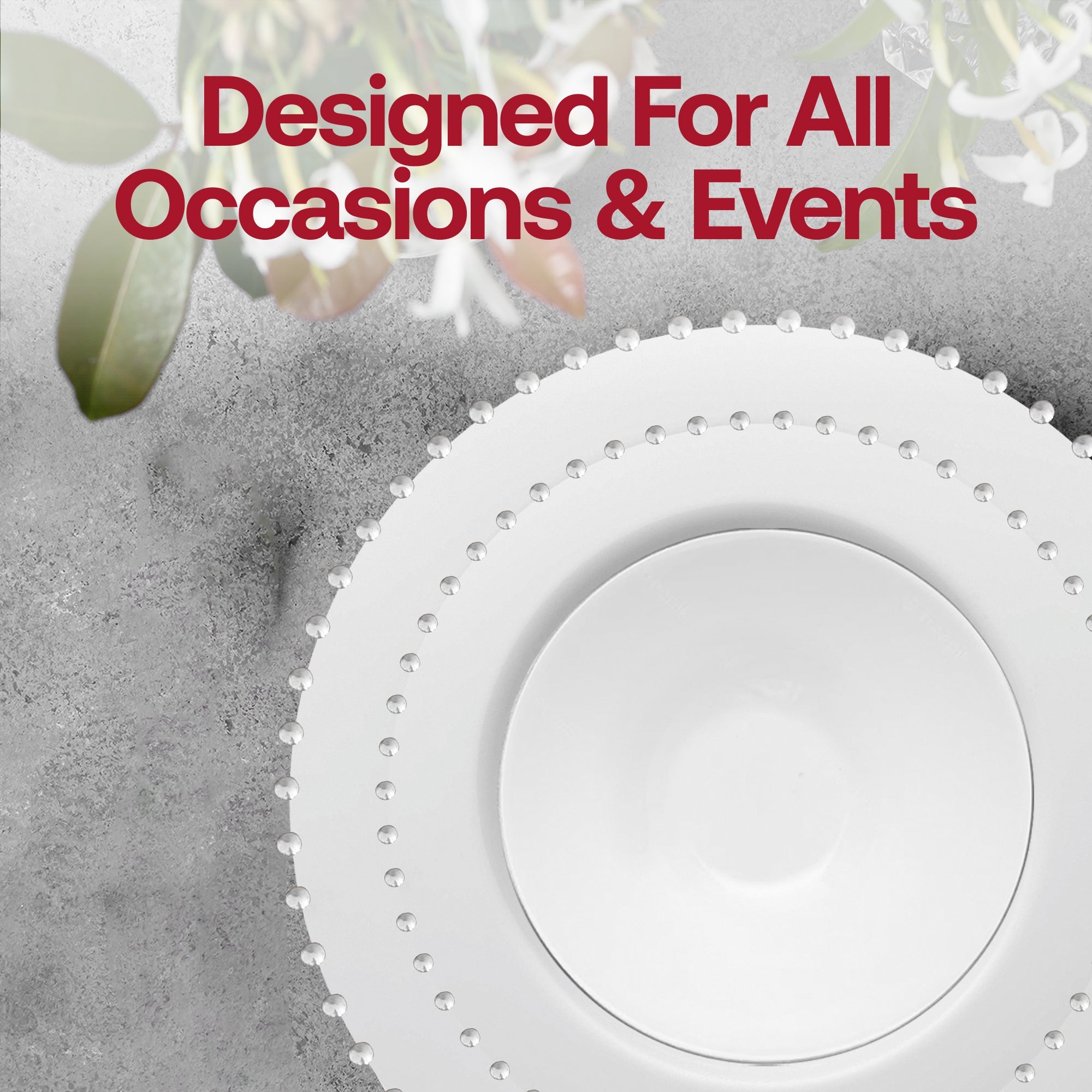 White with Silver Pearl String Round Disposable Plastic Tableware Set