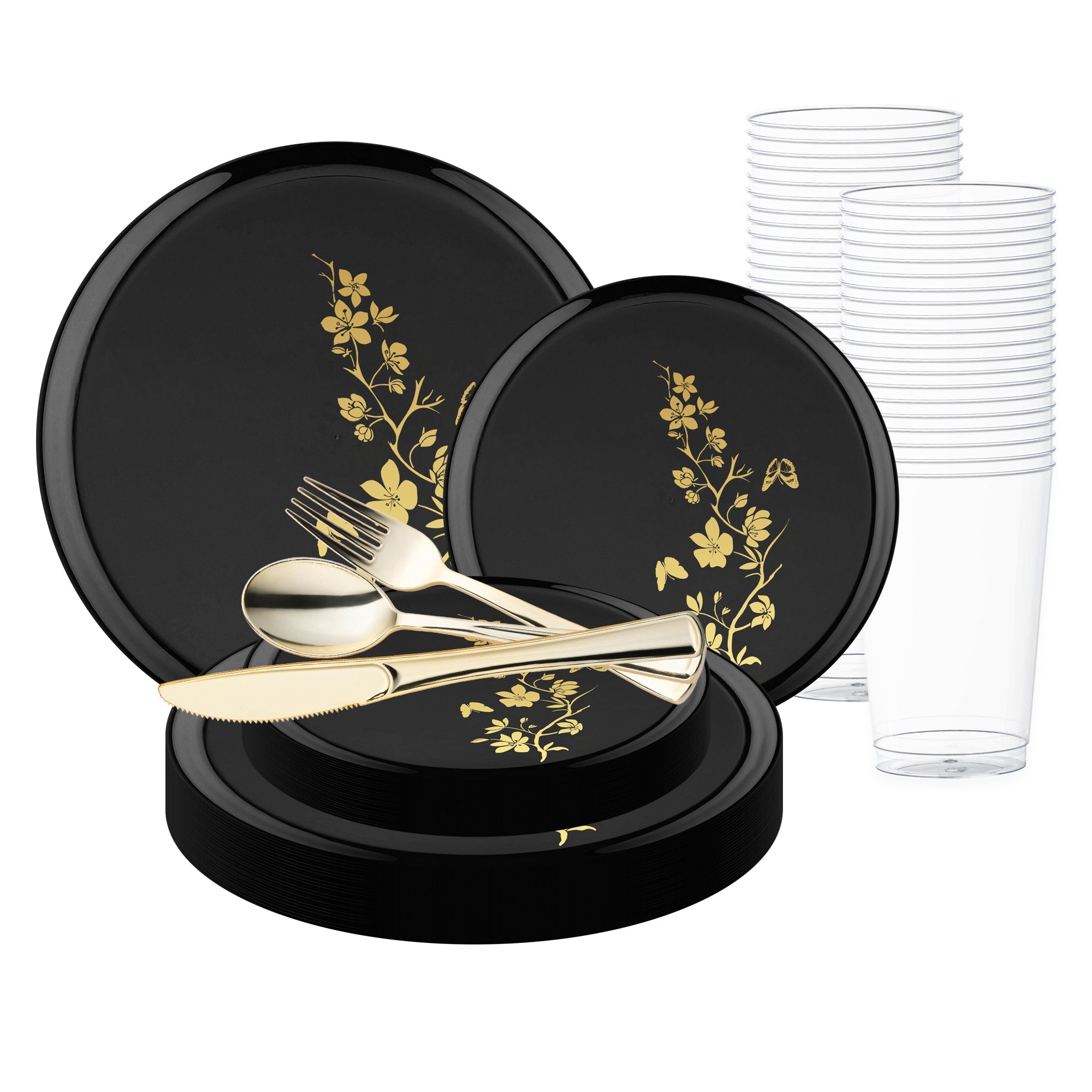 Black with Gold Floral Plastic Wedding Value Set
