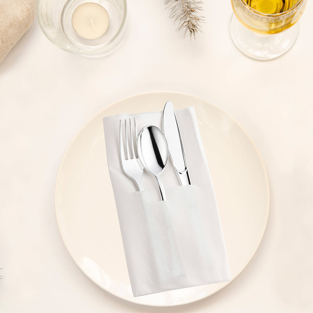 Silver Plastic Cutlery in White Pocket Napkin Set