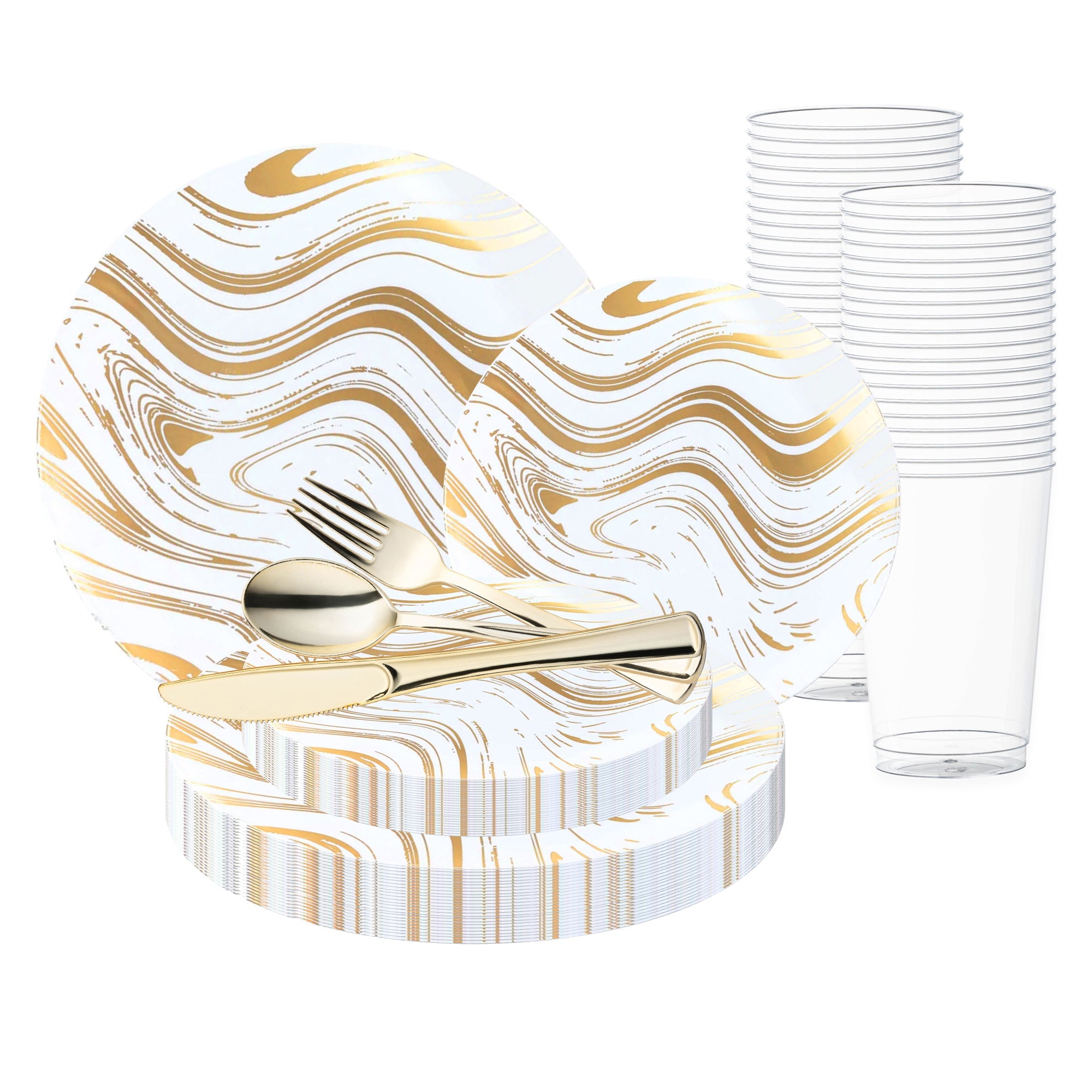 White with Gold Waves Plastic Wedding Value Set