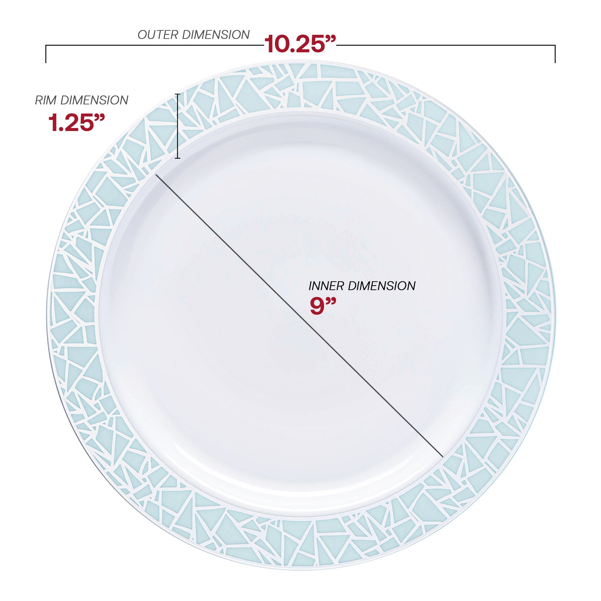 White with Turquoise Blue and Silver Mosaic Rim Round Plastic Dinnerware Value Set