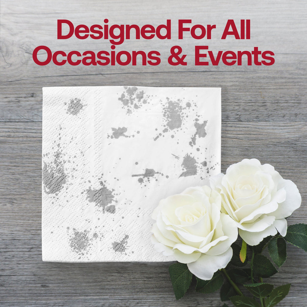 White with Silver Paint Splatter Paper Beverage/Cocktail Napkins