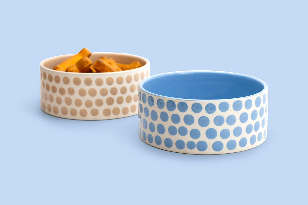 7" Blue Dots Heavy Weight Ceramic Pet Bowl