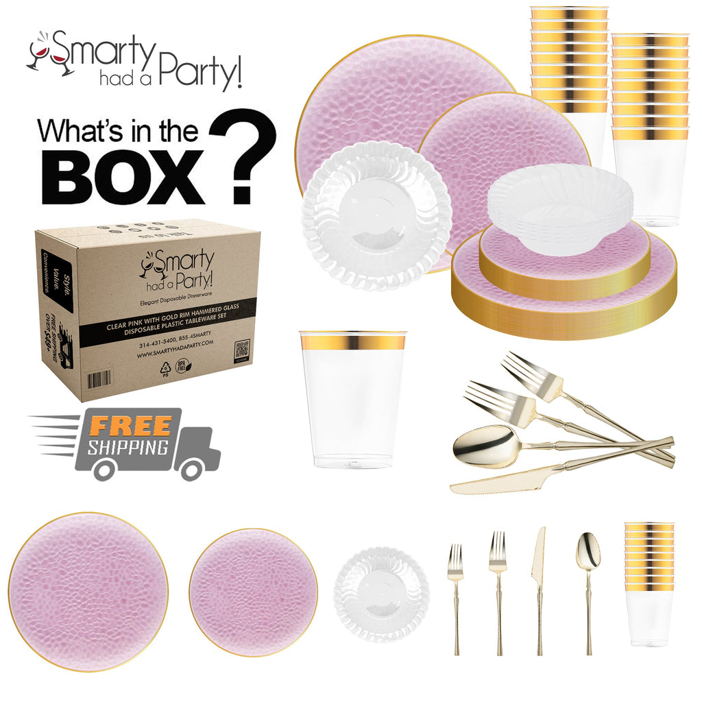 Clear Pink with Gold Rim Hammered Glass Disposable Plastic Tableware Set