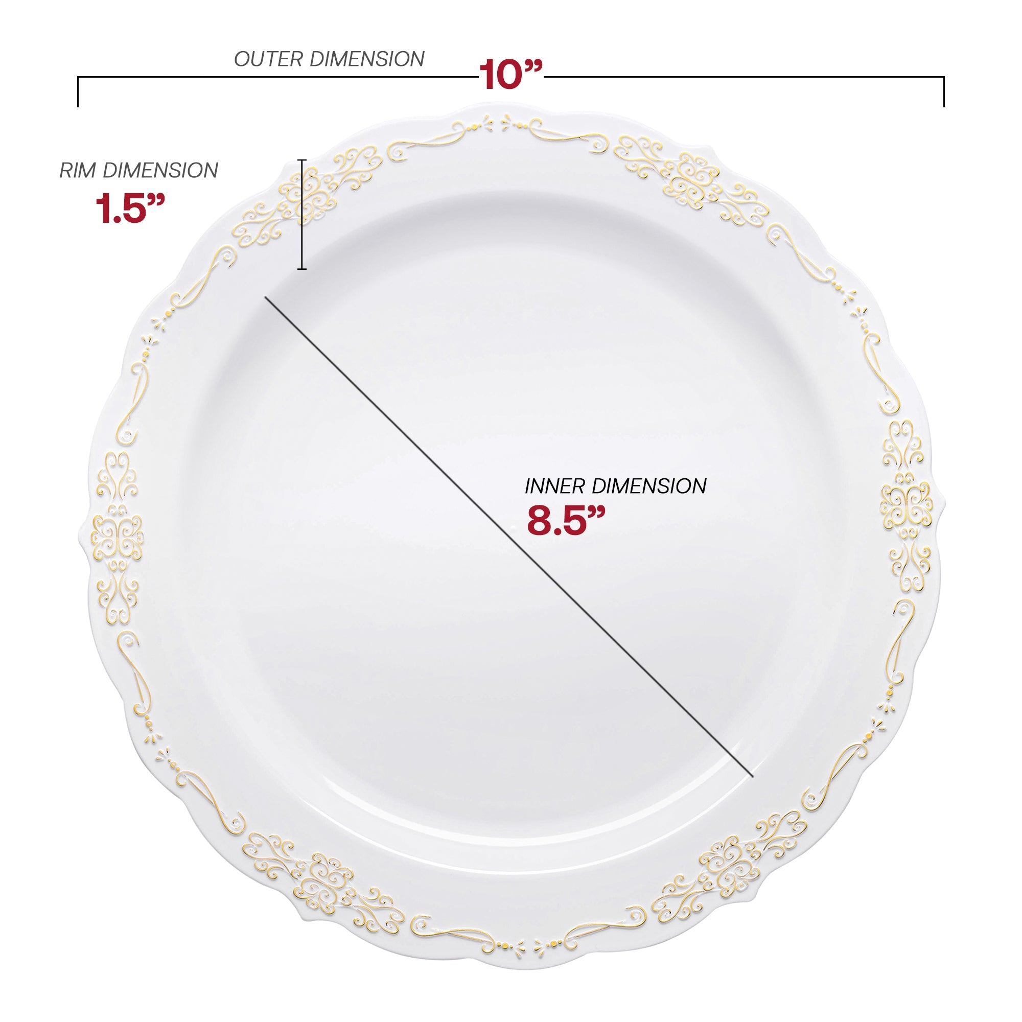 White with Gold Vintage Rim Round Disposable Plastic Dinnerware Value Set